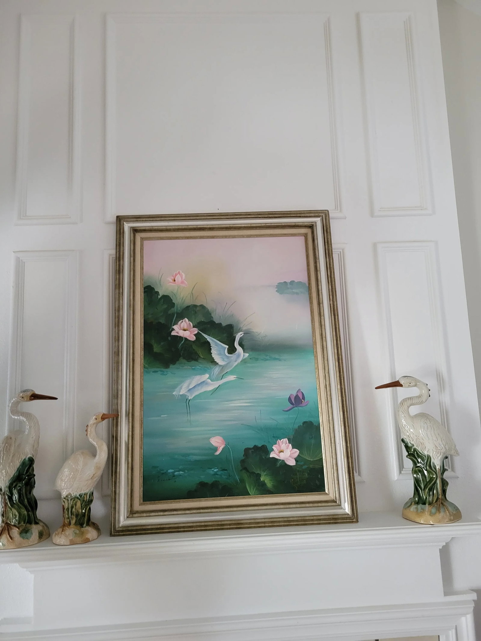 Mid 20th Century Vintage Cranes Painting Signed by Linda, Framed - 11