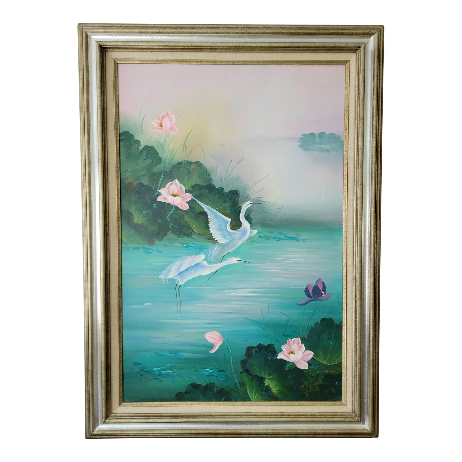 Mid 20th Century Vintage Cranes Painting Signed by Linda, Framed: Colorful Asian inspired, oil painting canvas depicting a pair of white cranes taking flight from a turquoise water pond and beautiful pink lilies. Canvas without frame L23 X H35. The frame is very