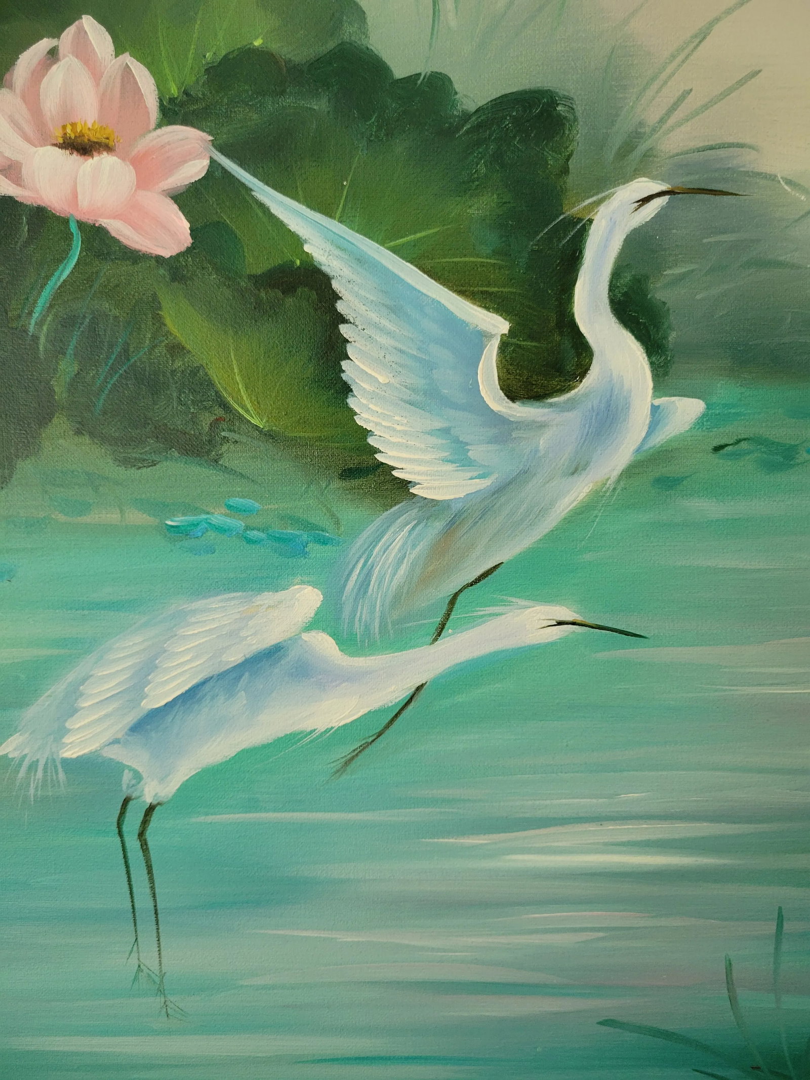 Mid 20th Century Vintage Cranes Painting Signed by Linda, Framed - 2