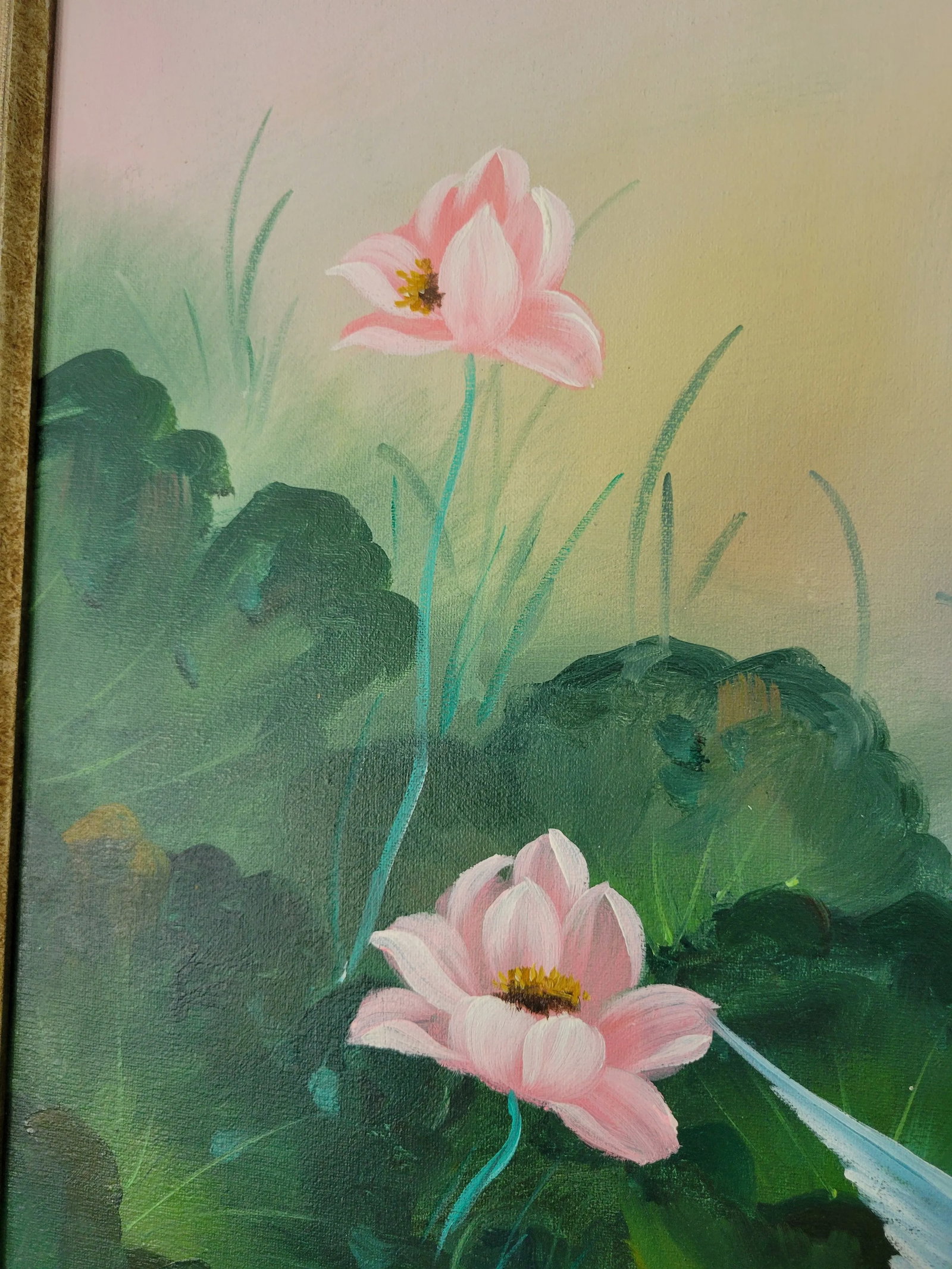 Mid 20th Century Vintage Cranes Painting Signed by Linda, Framed - 3