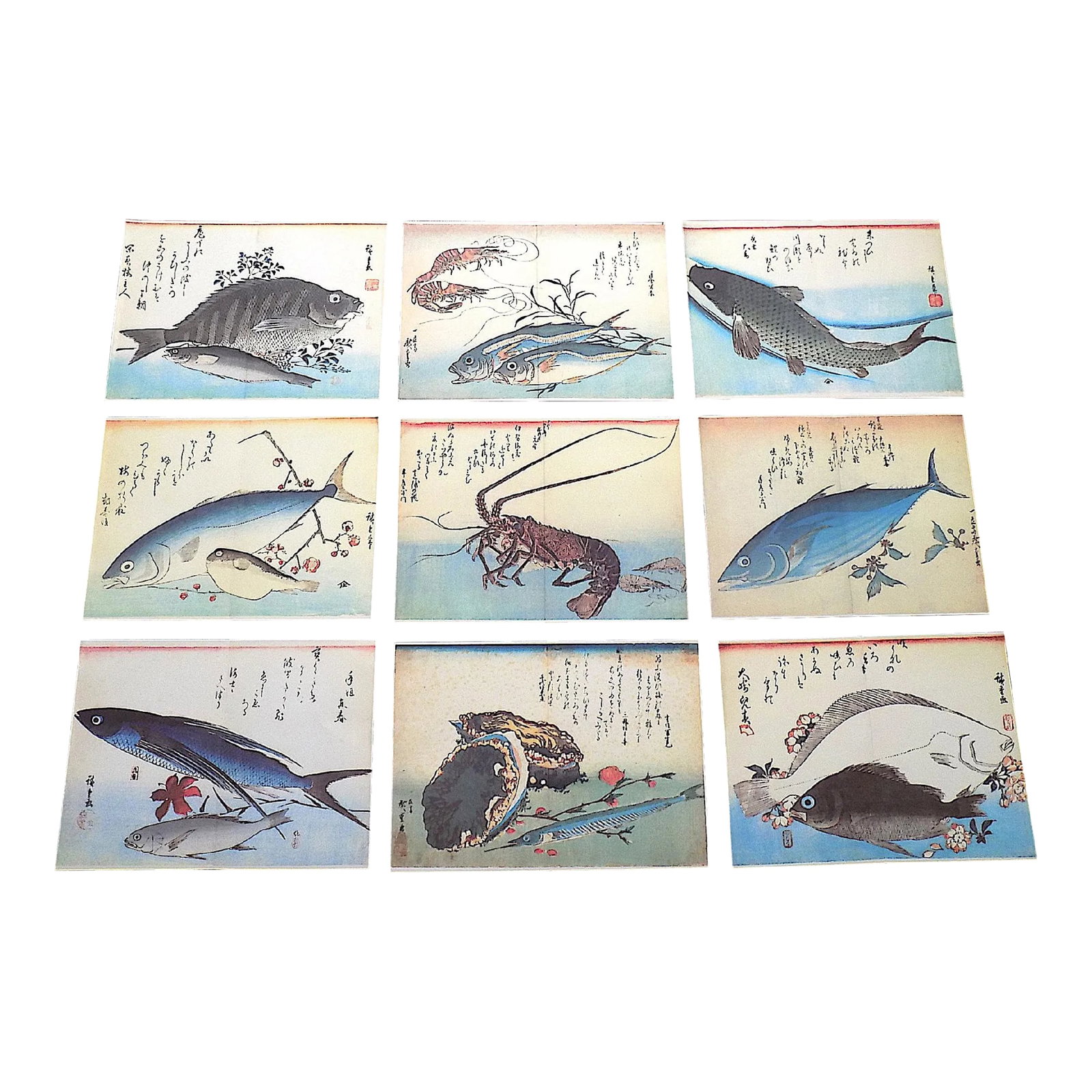Signed/Chop Marked Vintage Imperial Folio Size Japanese Fish & Calligraphy Lithographs by Hiroshige: This set of nine (9) lithographs (offset) depict fish and poetry from the portfolio 'A Shoal Of Fishes" by theJapanese master Ando Hiroshige (Japan 1797-1858). The extremely rare originals were printe