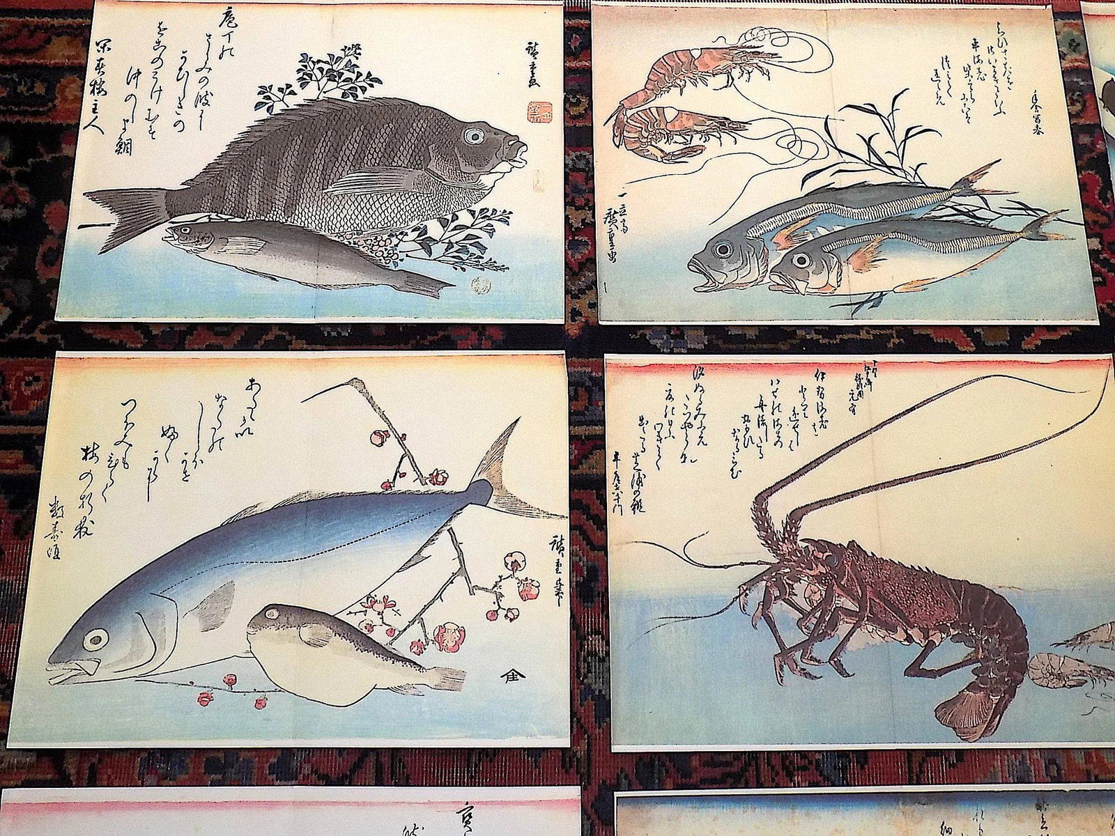 Signed/Chop Marked Vintage Imperial Folio Size Japanese Fish & Calligraphy Lithographs by Hiroshige - 2