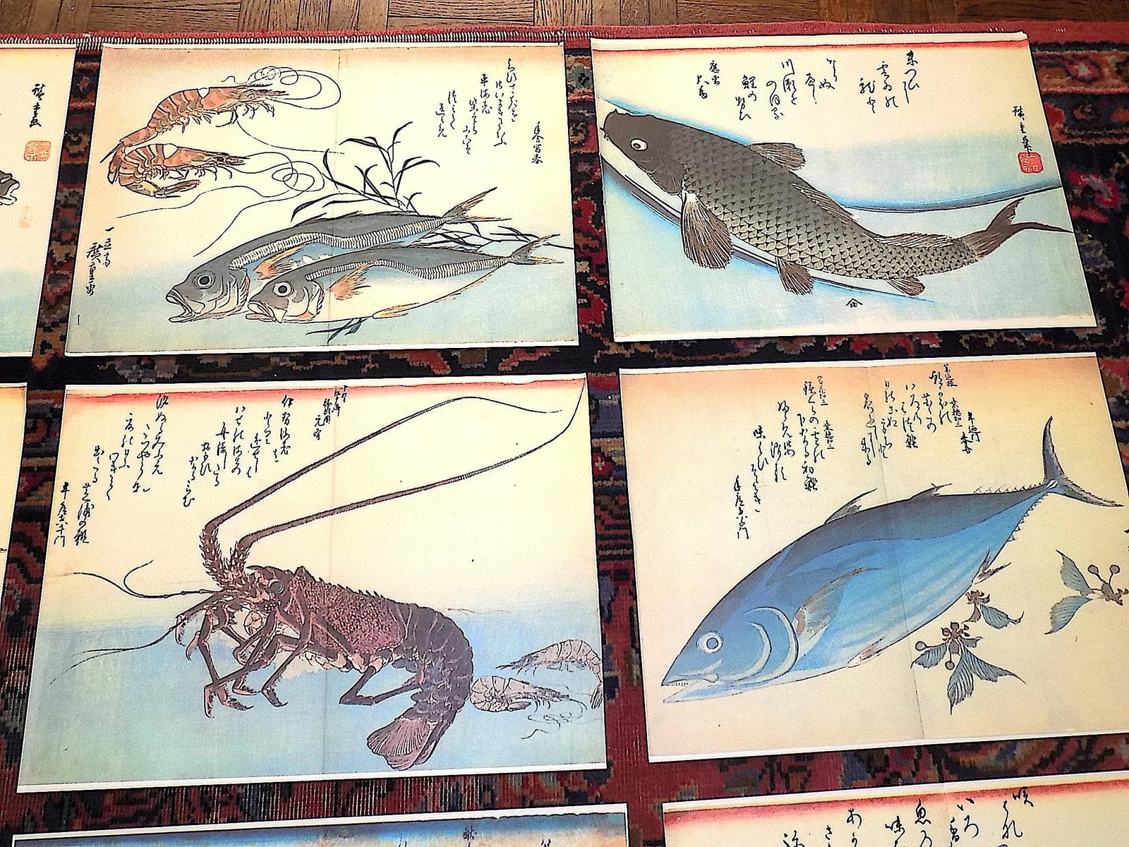 Signed/Chop Marked Vintage Imperial Folio Size Japanese Fish & Calligraphy Lithographs by Hiroshige - 3