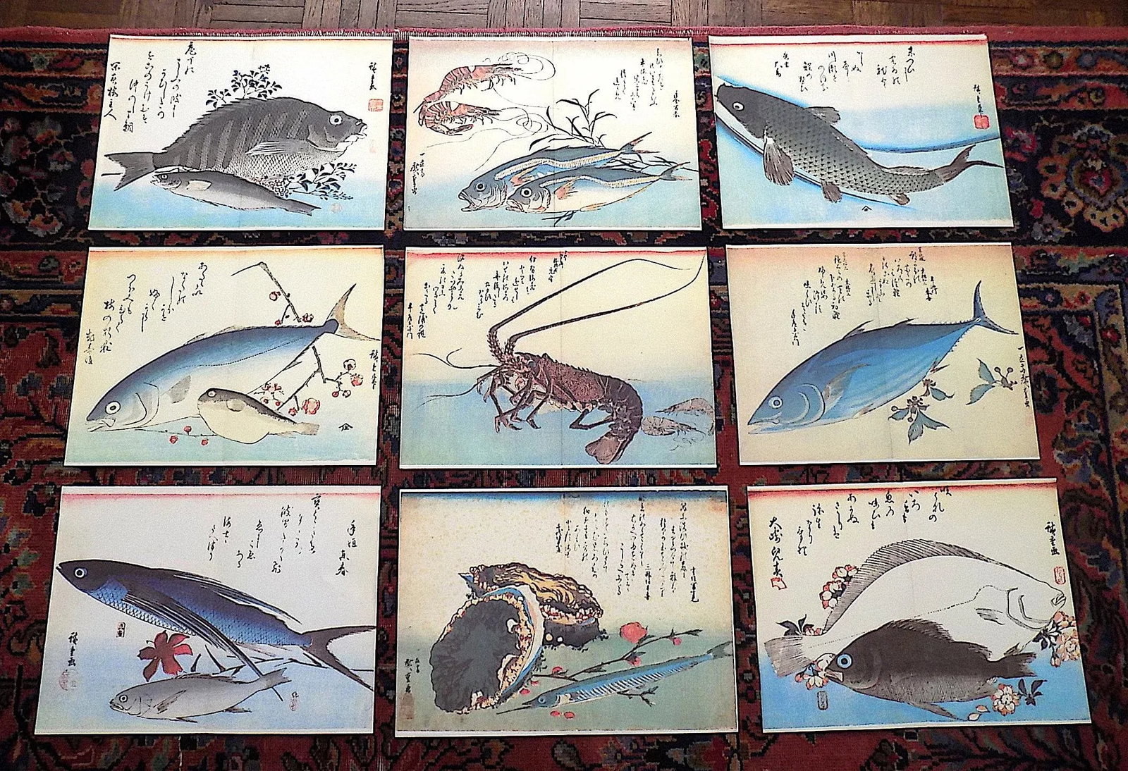 Signed/Chop Marked Vintage Imperial Folio Size Japanese Fish & Calligraphy Lithographs by Hiroshige - 7