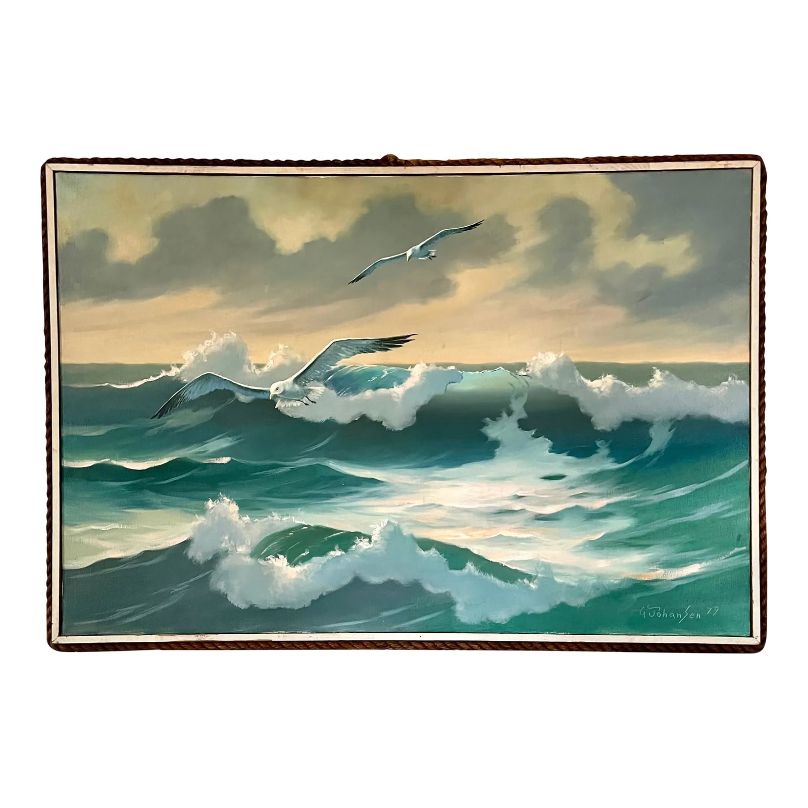 Seascape Painting With Seagull by G. Johansen 1979, American 20th Century, Framed: Seascape painting of waves with a seagull. Painted by G. Johansen 1979. In it's original canvas with rope twine frame. Really beautiful color and very well painted. Condition: Alterations: Original