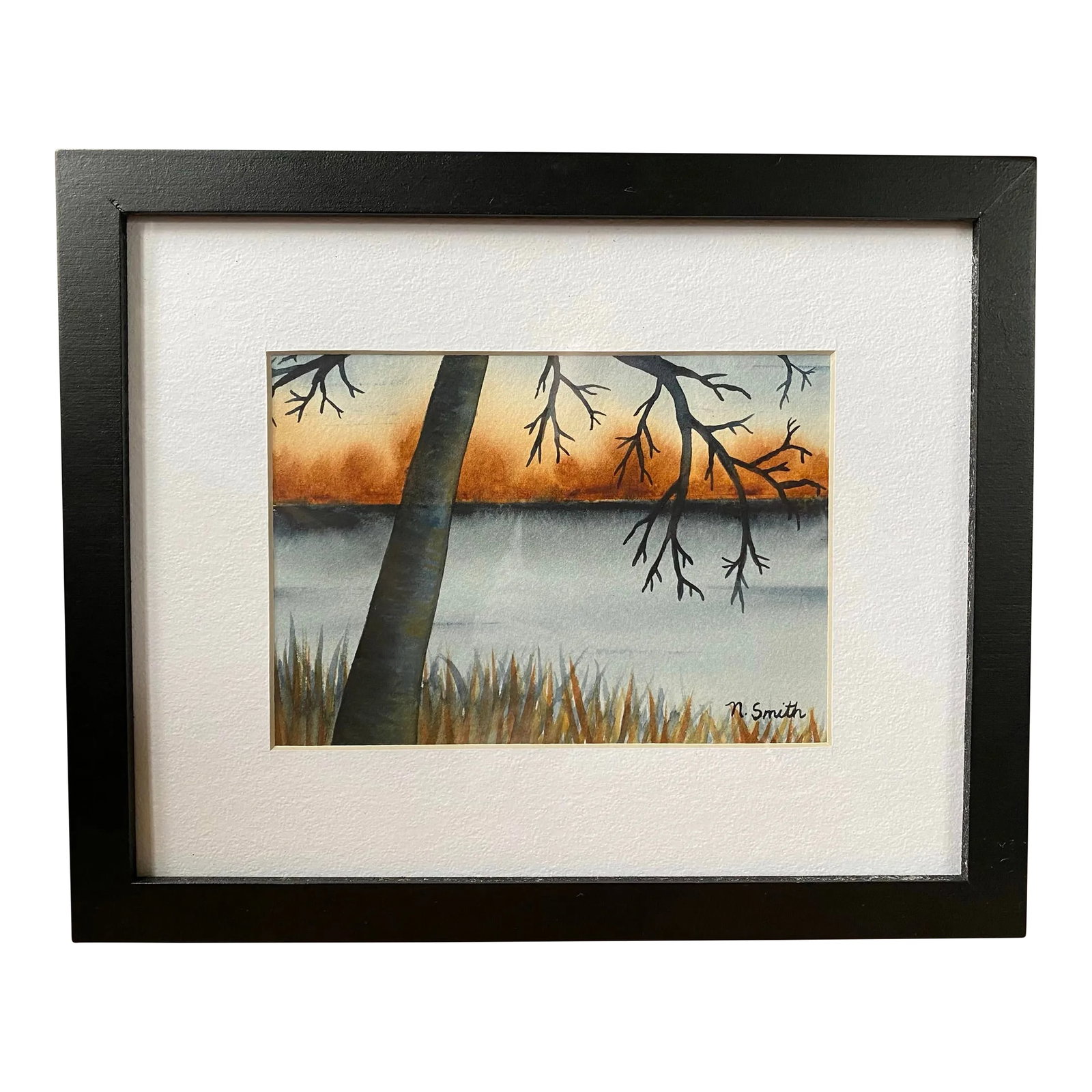 Lake View Original Watercolor Painting- Signed and Framed: The end of fall, cold and bare, still beautiful. A single tree set against a quiet lake backdrop. Condition: Imperfections: No Imperfections Origin: United States Materials & Techniques: