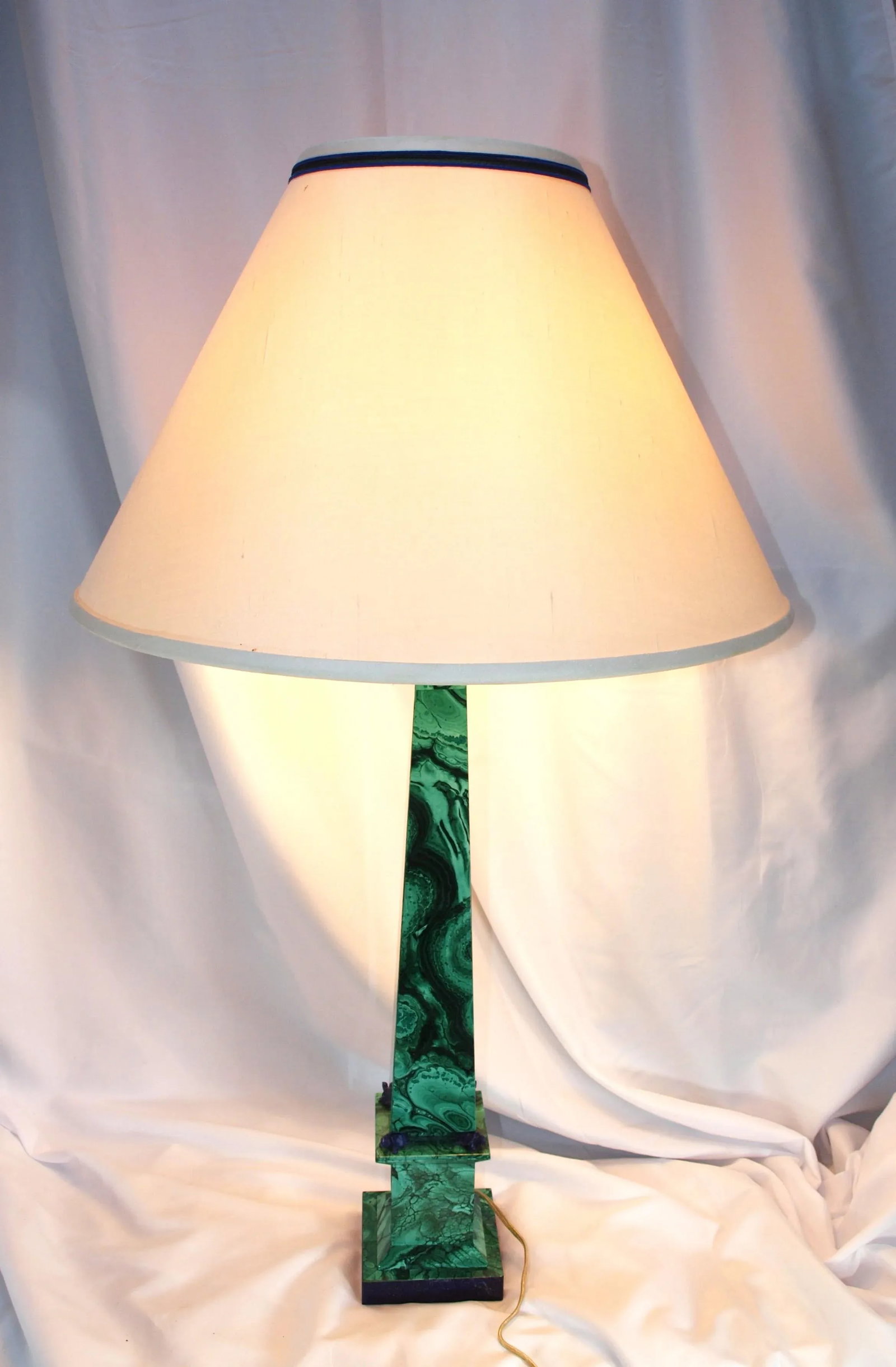 Pair Vintage Malachite Stone Lamps With Lapiz Lazuli Accents - 11