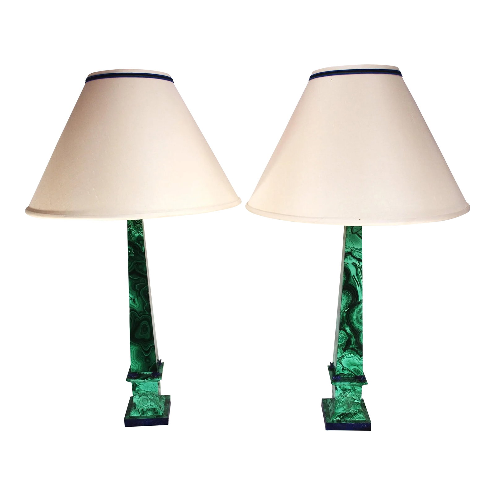 Pair Vintage Malachite Stone Lamps With Lapiz Lazuli Accents: A rare find, pair of tall green malachite obelisk shaped lamps with blue Lapiz Lazuli accents. Lamps are solid construction. Purchased in the 1990's from famed Gump's in San Francisco and never