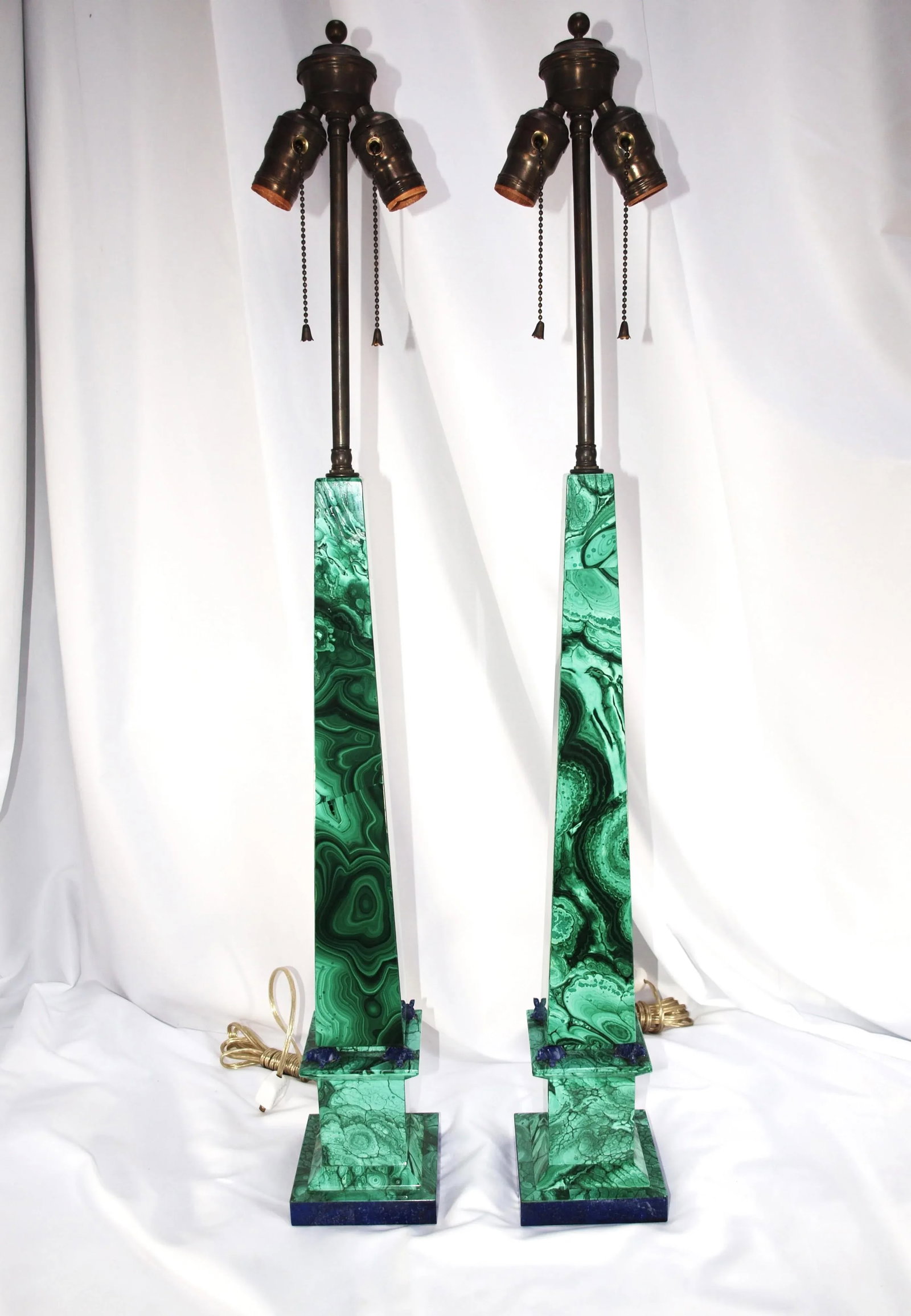 Pair Vintage Malachite Stone Lamps With Lapiz Lazuli Accents - 2