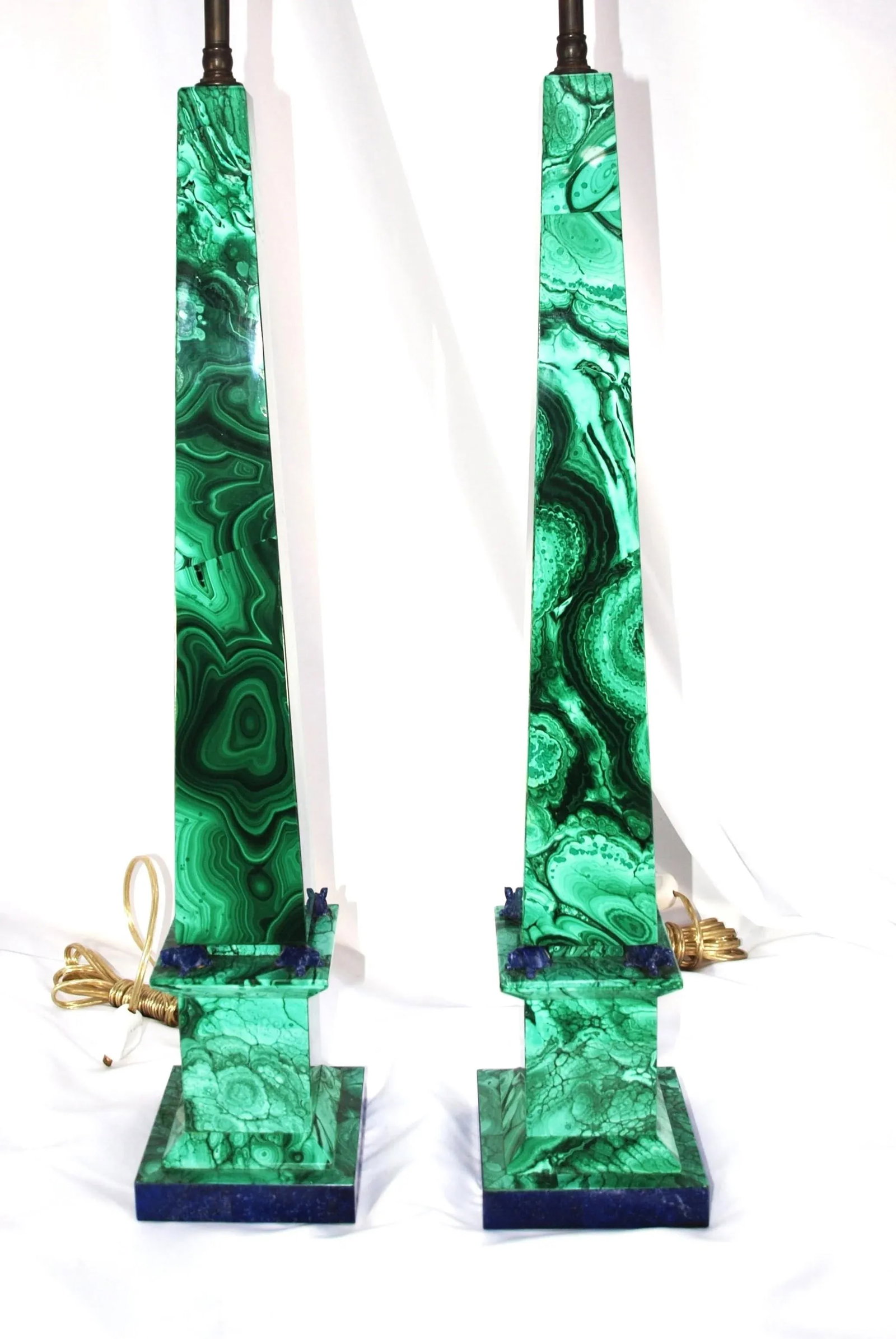 Pair Vintage Malachite Stone Lamps With Lapiz Lazuli Accents - 3