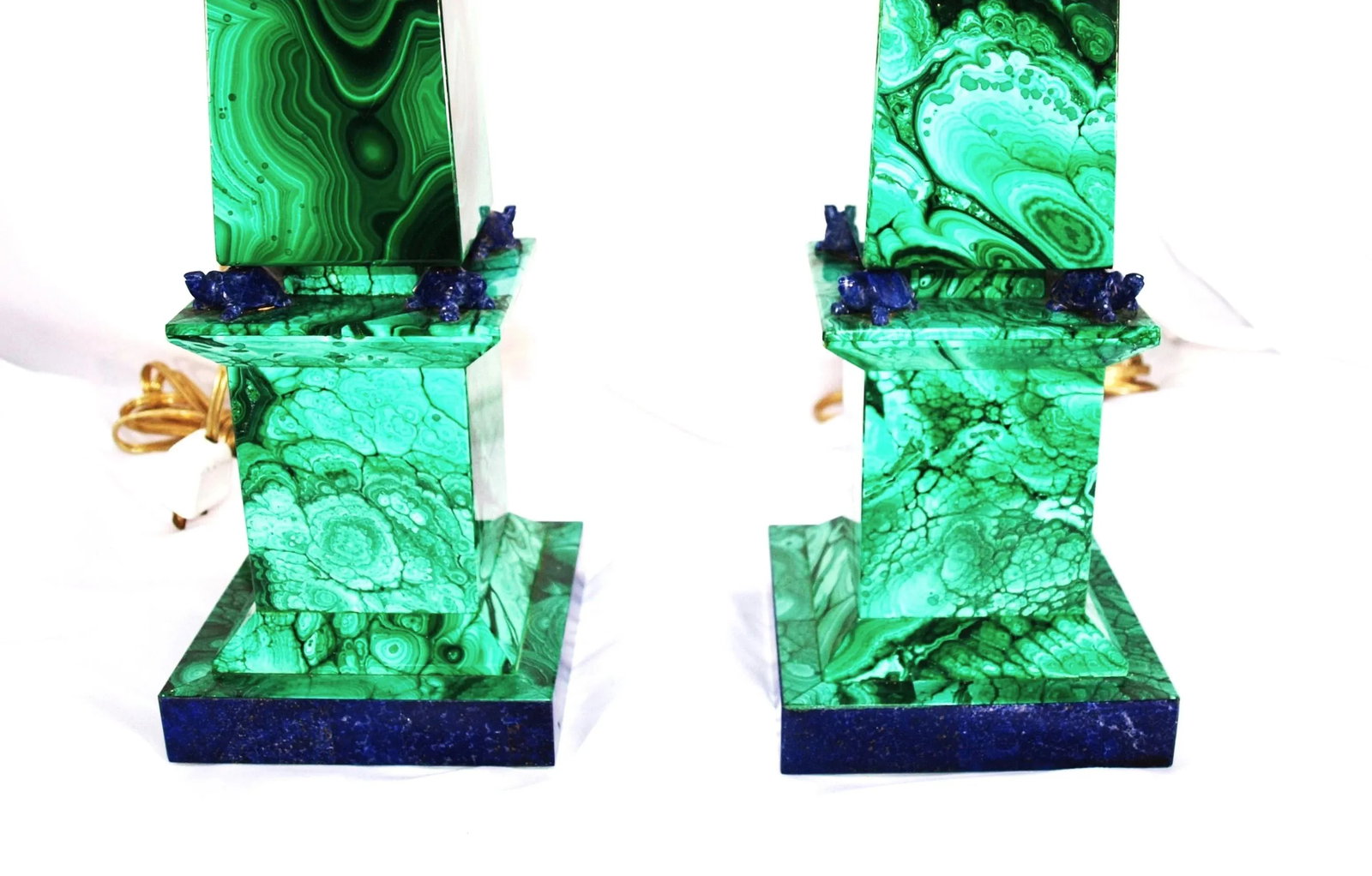 Pair Vintage Malachite Stone Lamps With Lapiz Lazuli Accents - 4
