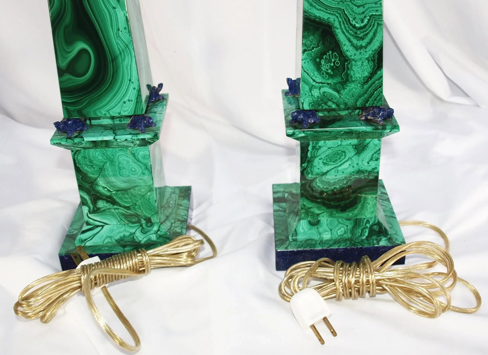 Pair Vintage Malachite Stone Lamps With Lapiz Lazuli Accents - 6