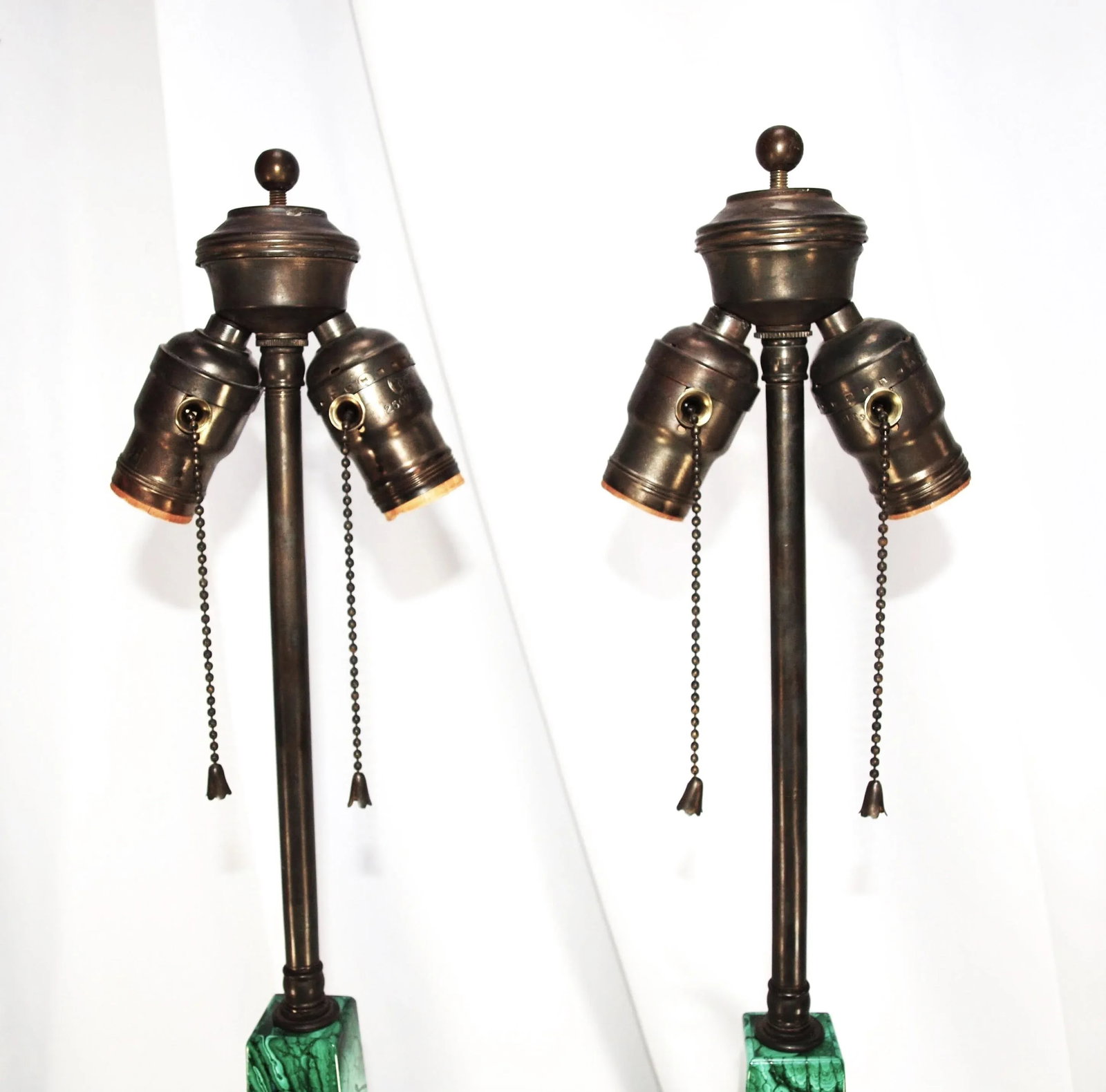 Pair Vintage Malachite Stone Lamps With Lapiz Lazuli Accents - 7