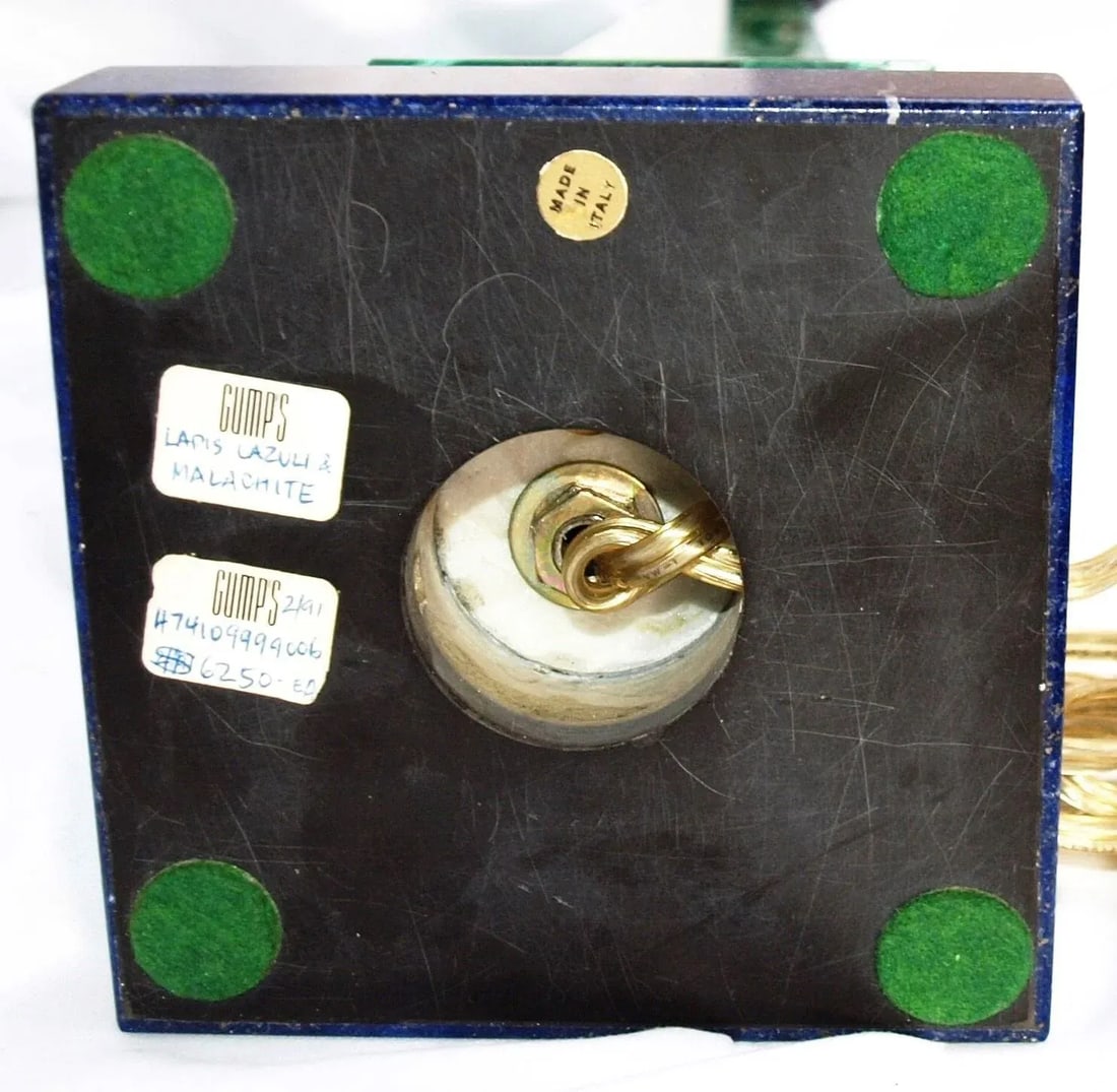 Pair Vintage Malachite Stone Lamps With Lapiz Lazuli Accents - 8