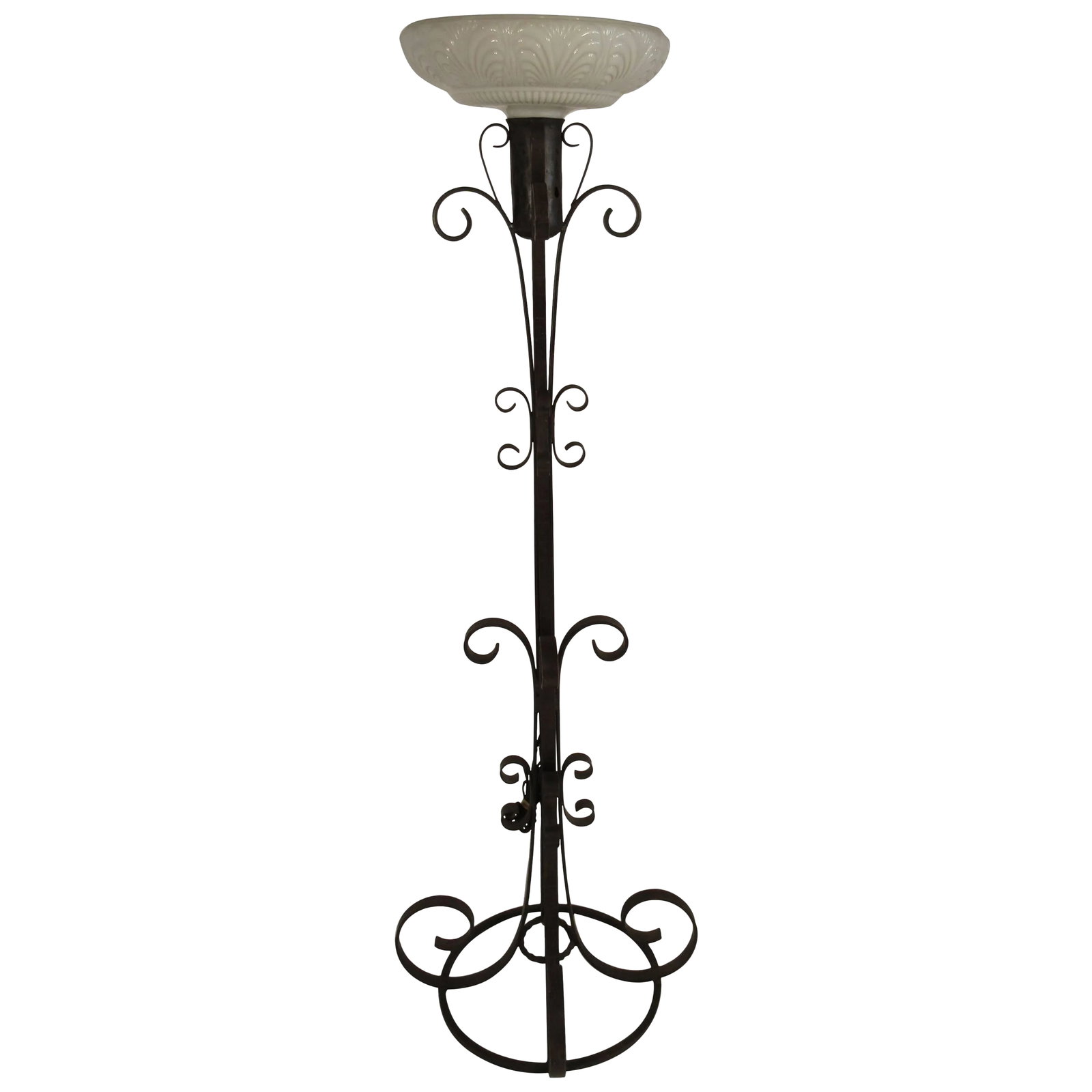 1940s Wrought Iron Floor Lamp: 1940s wrought iron floor lamp. Condition: Alterations: Original Condition Unaltered Imperfections: Some Imperfections Condition Notes: Good Wear consistent with age and use. Materials &