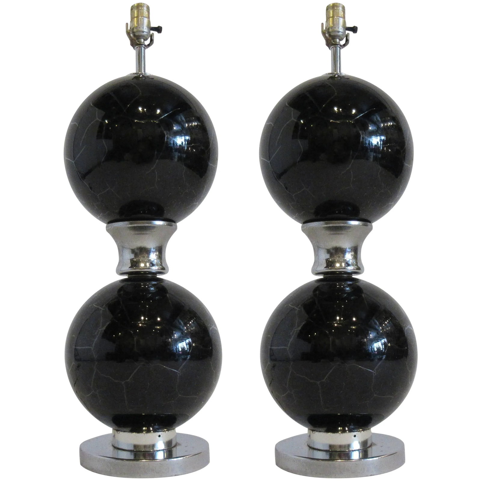 1970s Black and Chrome Crackled Glass Lamps - a Pair - 9