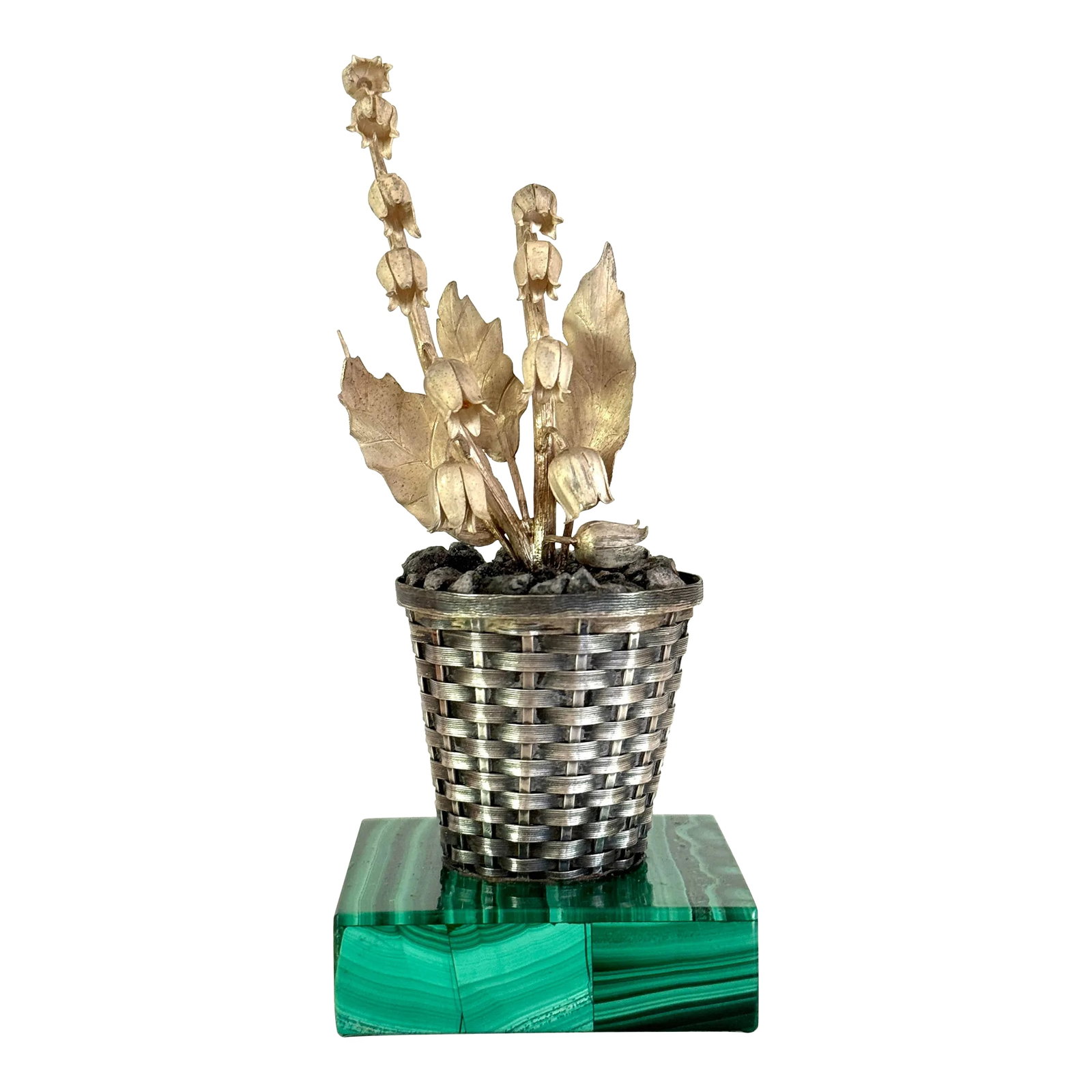 Janna Thomas for Tiffany & Co Sterling Potted Flower on Malachite Base: Janna Thomas for Tiffany & Co Sterling potted lily of the valley. Potted in a woven basket. Finished with stones. The piece was adhered to a real malachite base to add stability and presence. Metal