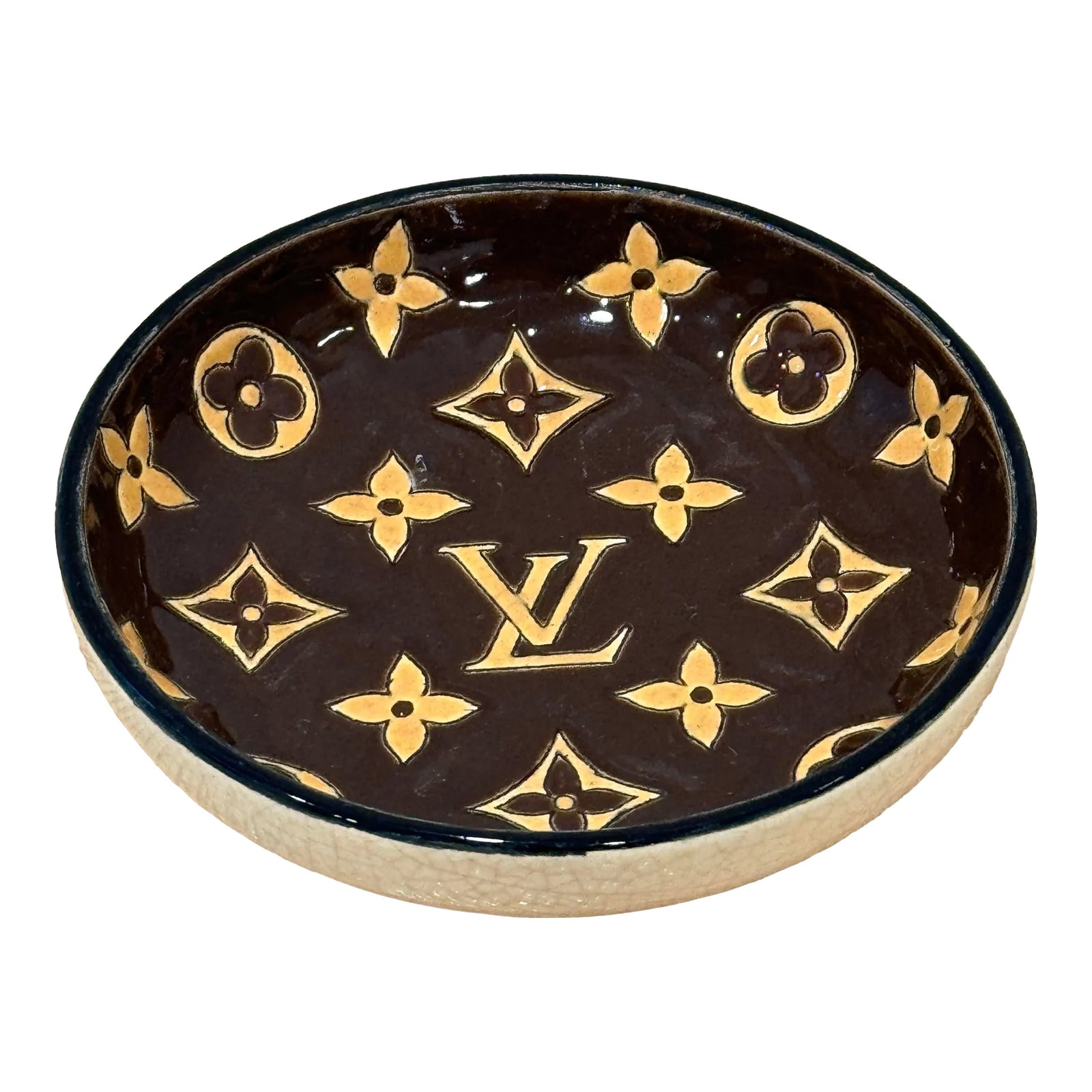 Vintage Louis Vuitton Ceramic Longwy Vide Poche: Louis Vuitton limited edition dish for Faienceries et Emaux de Longwy, 1950s, France. A glazed vide poche with the Louis Vuitton logo. Made by Longwy. It's one of few housewares by Louis Vuitton that 