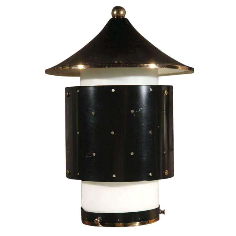 Pagoda Hanging Pendant Light or Chandelier: Charming, pierced black painted metal with brass trim pagoda style hanging light. Measures: 12 diameter x 24 height. Condition: Alterations: Original Design Modified Imperfections: Some Imperfections