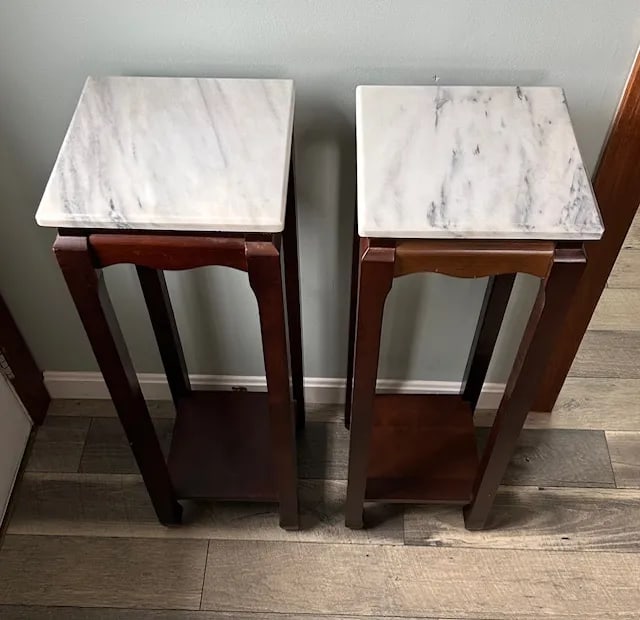 Pair of 1970s Classic Mahogany Square Asian Style Marble Stone Top Fern Stands - 2
