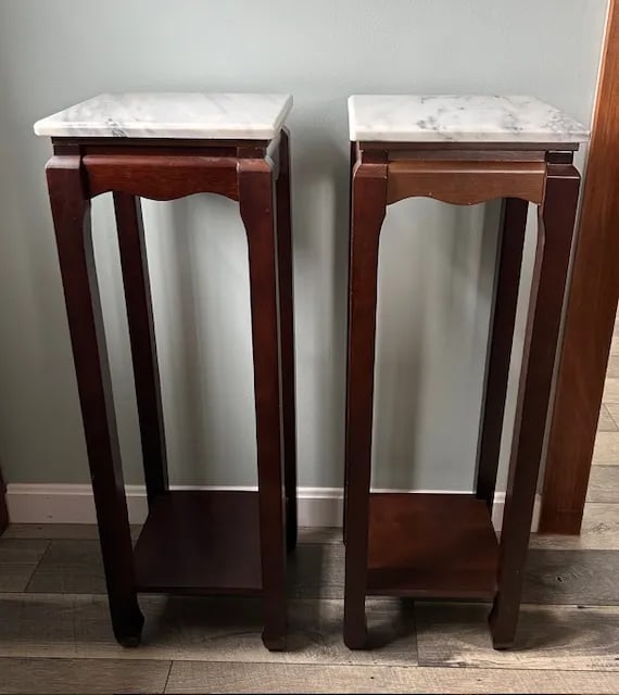 Pair of 1970s Classic Mahogany Square Asian Style Marble Stone Top Fern Stands - 3