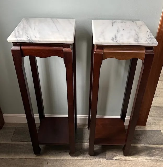Pair of 1970s Classic Mahogany Square Asian Style Marble Stone Top Fern Stands - 5