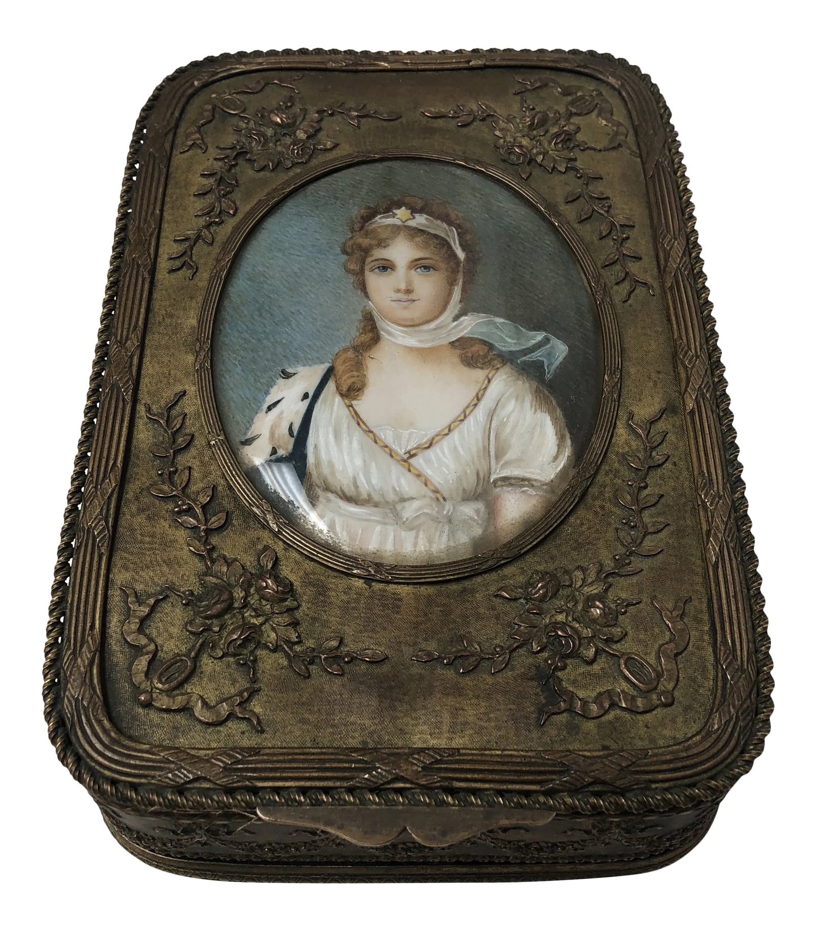 Early 19th Century Antique French Jewelry Box: Beautiful French metal jewelry box with hand painted portrait encased in glass. The piece was made circa 1875. Condition: Alterations: Original Condition Unaltered Imperfections: Some Imperfections Co