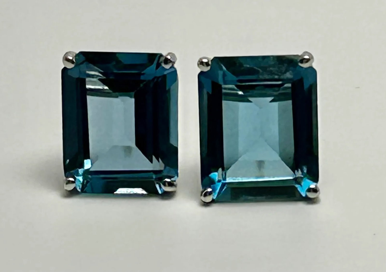 14k White Gold & Emerald Cut London Blue Topaz Earrings - 2 Pieces - 2