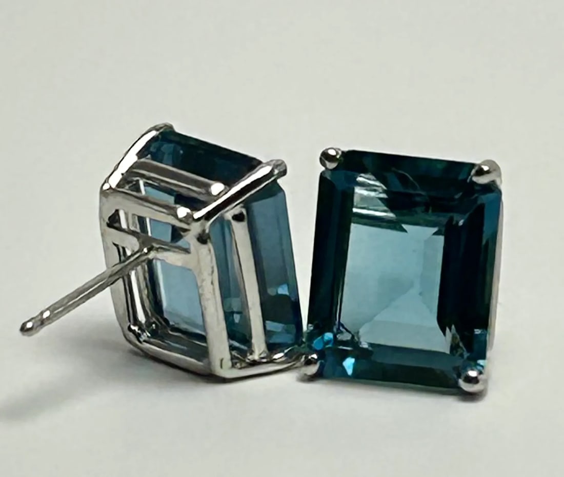 14k White Gold & Emerald Cut London Blue Topaz Earrings - 2 Pieces - 3