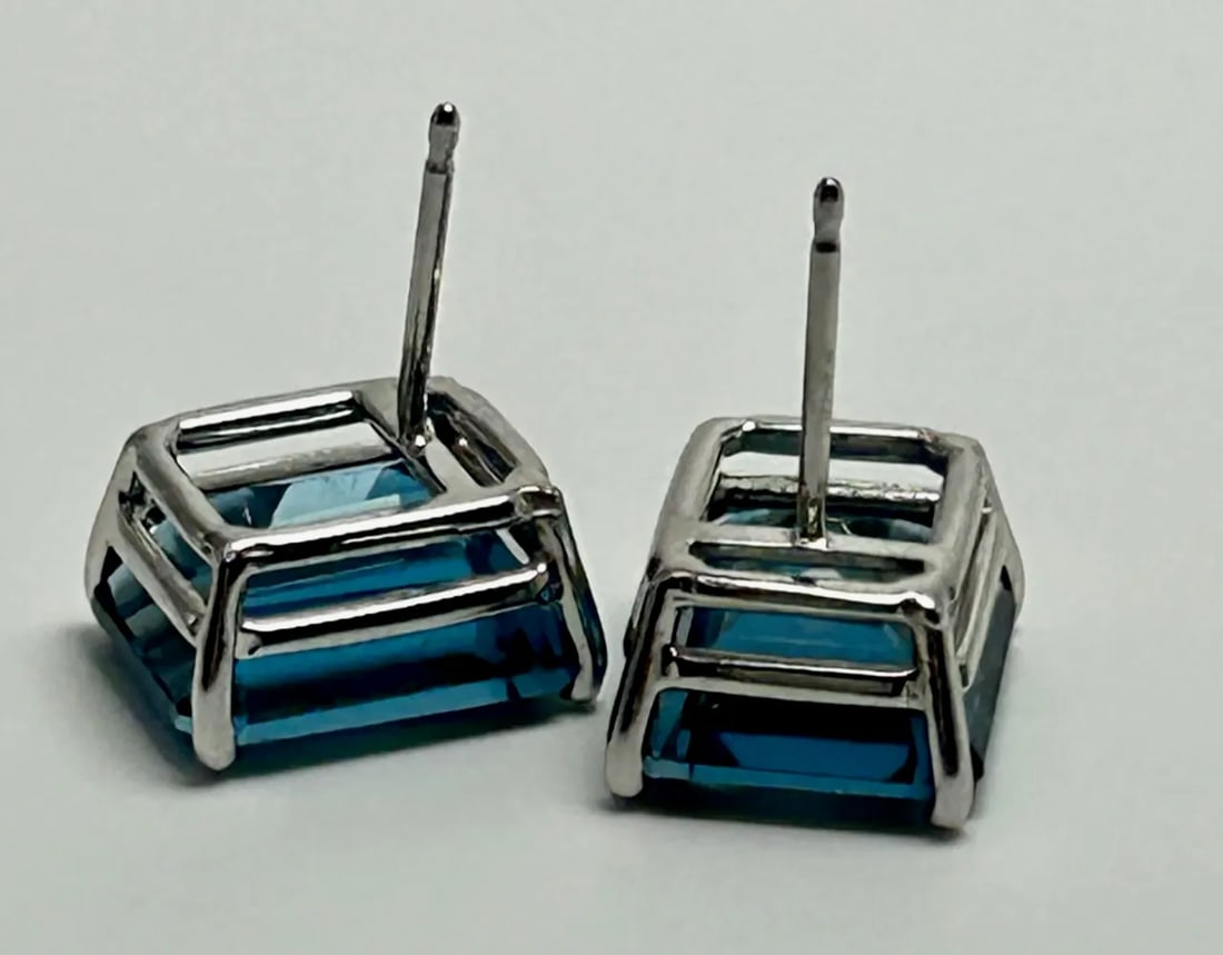 14k White Gold & Emerald Cut London Blue Topaz Earrings - 2 Pieces - 5