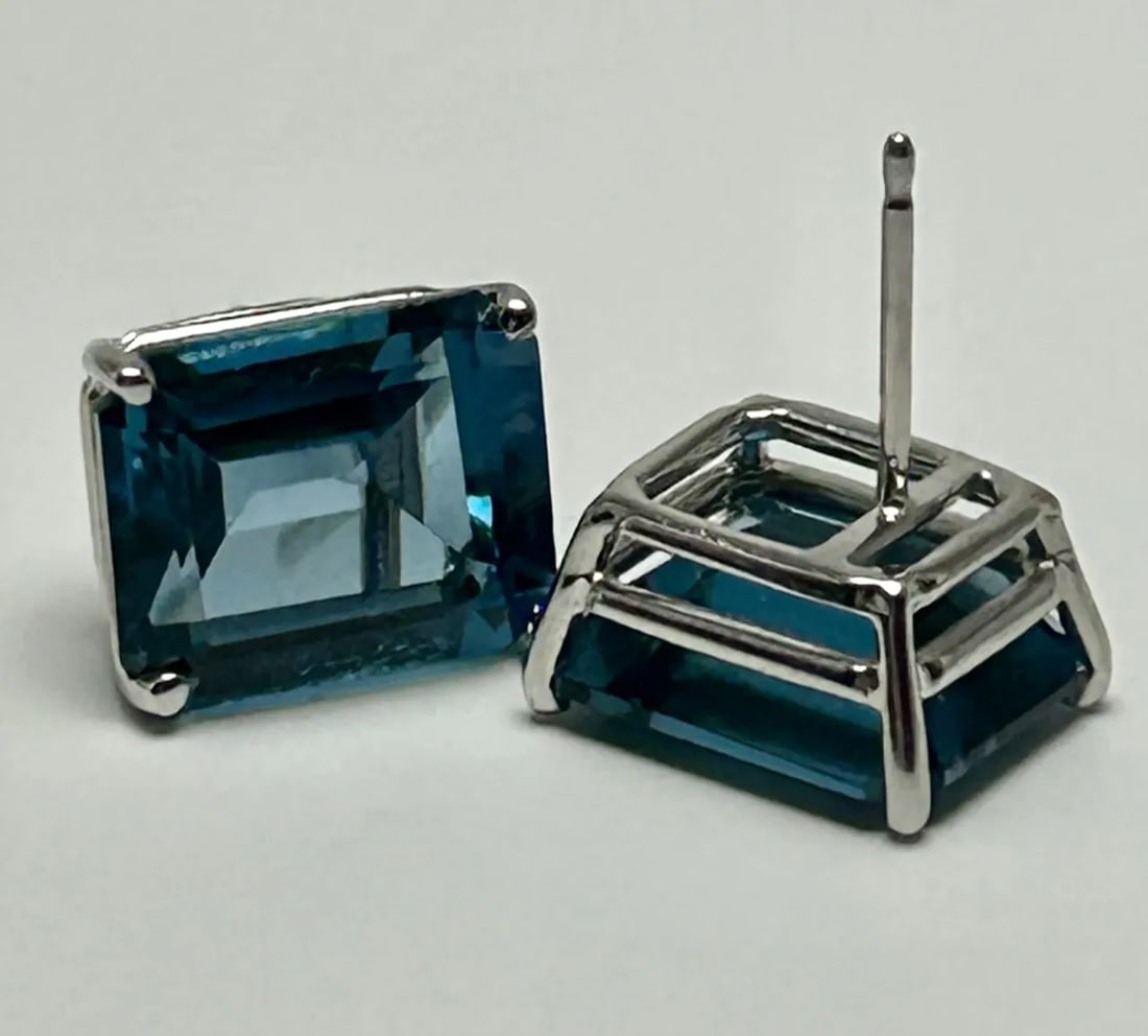 14k White Gold & Emerald Cut London Blue Topaz Earrings - 2 Pieces - 6