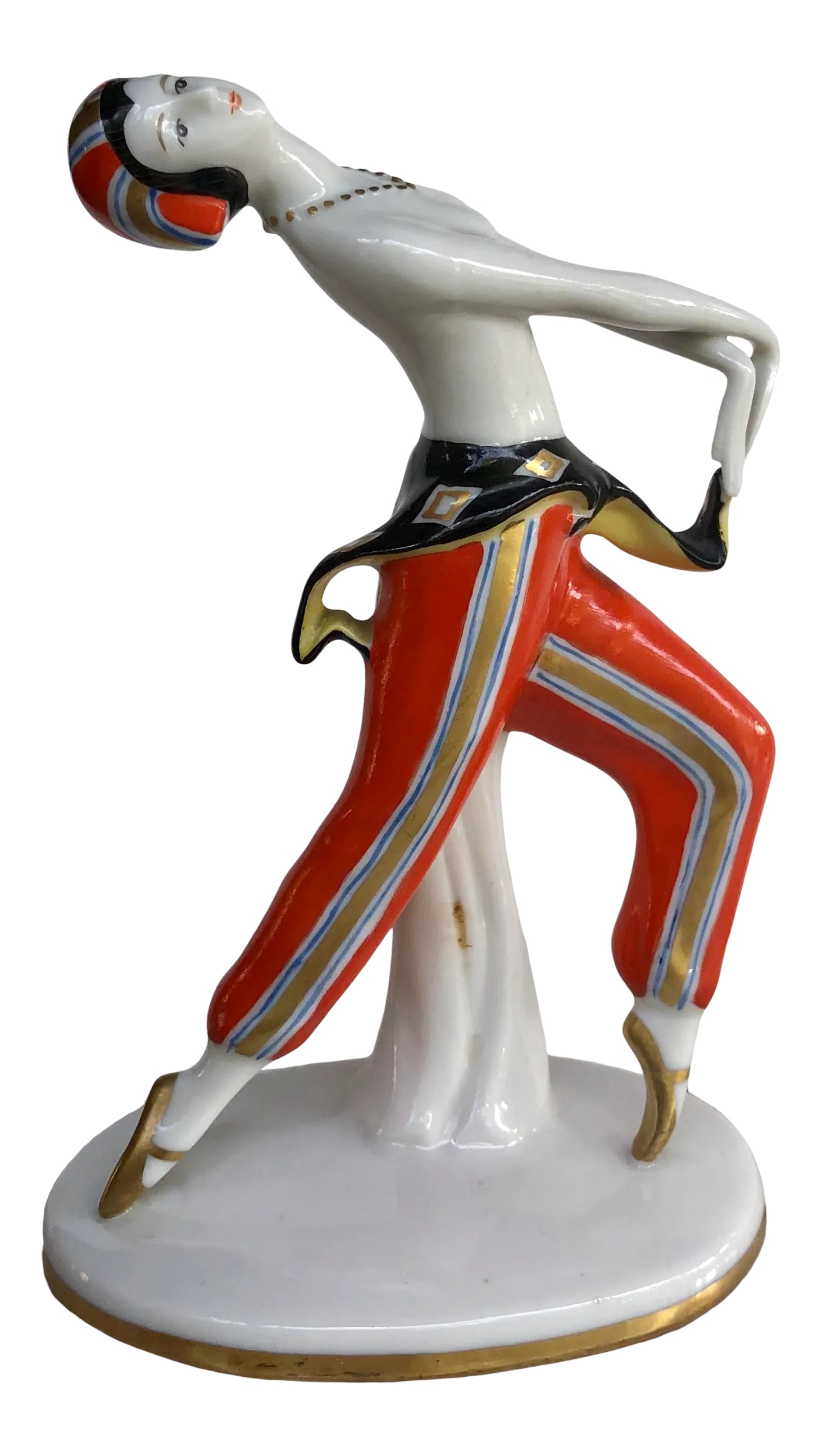 William Goebel Art Deco Ballet Russe Style Dancer Figurine: A charming small porcelain figurine of a dancer costumed in Ballet Russe style. A period piece by William Goebel with the 1923-1949 mark. Condition: Alterations: Original Condition Unaltered Imperfect
