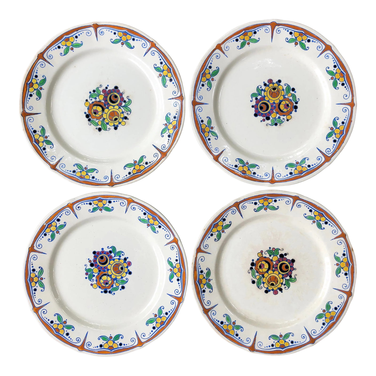Keramis Boch Freres Belgium Art Deco Floral Painted Plates - Set of 4: What an extreme rarity! Boch Freres Keramis Belgian ceramic plates. Set of four. These Art Deco beauties are hand painted. You can visibly observe the slight variations in each plate. They are each ha
