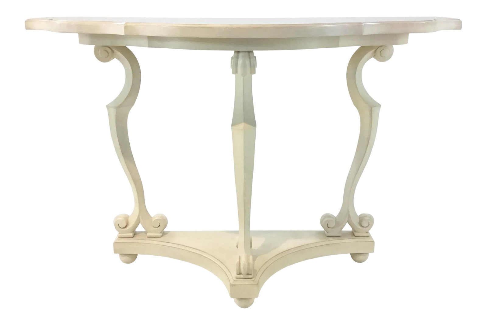 Celerie Kemble for Henredon Transitional Ivory Demi-Lune Console Table: Elegant Celerie Kemble for Henredon Transitional Ivory Demi-Lune Console Table, antique mirror top, showroom floor sample, original retail $3080 Condition: Imperfections: Some Imperfections Condition