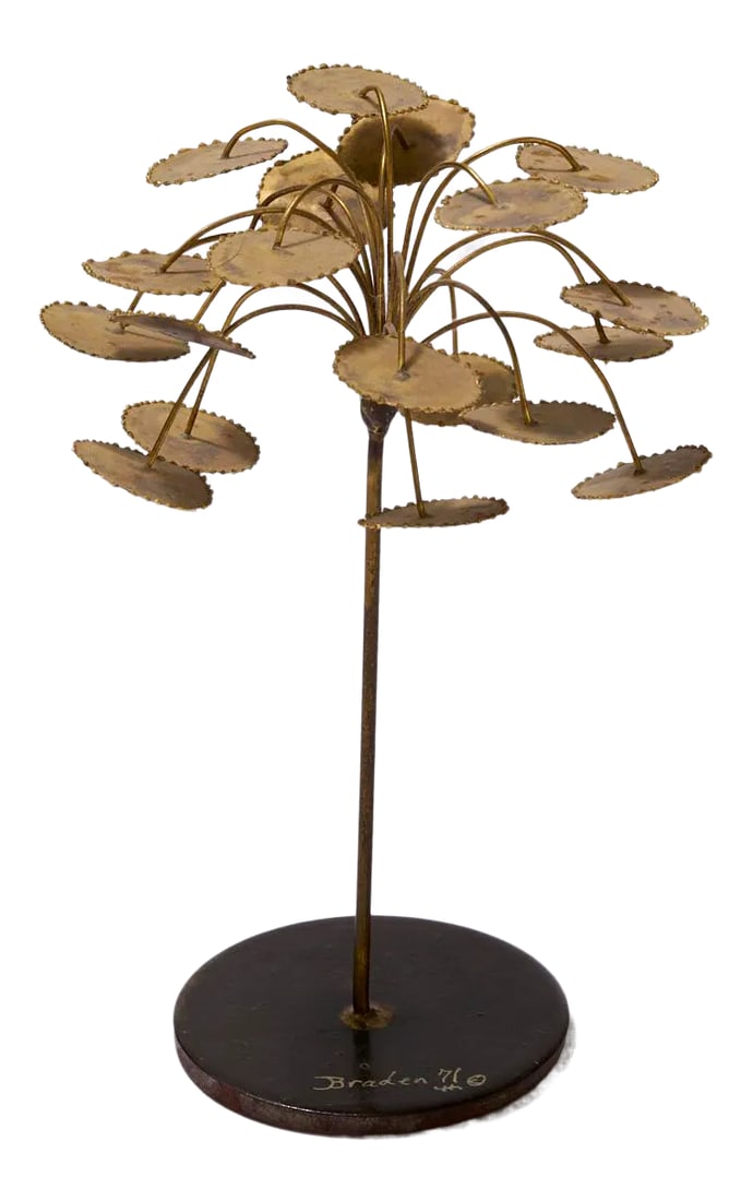 Brass and Steel Welded Tree Sculpture Signed: Brass and steel welded tree sculpture signed Braden '71 on base. Tree is reminiscent of Curtis Jere raindrop tree sculptures. Measures 10" high, 6.5" wide and base is 4" in diameter. In very good