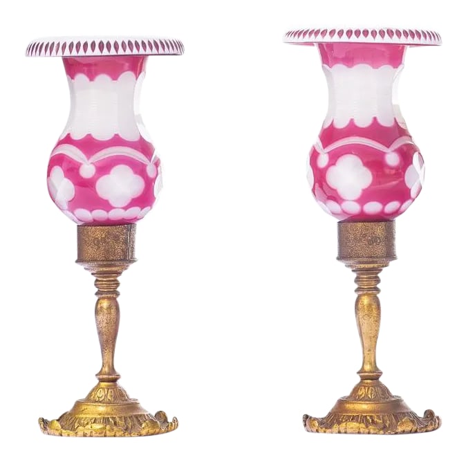 20th C. French Ruby and Opaline Bronze Lamps: 20th c. French Ruby and Opaline Bronze lamps. Newly Rewired 15"H 4.5"d Condition: Alterations: Original Condition Unaltered Imperfections: Some Imperfections Condition Notes: excellent Origin: F