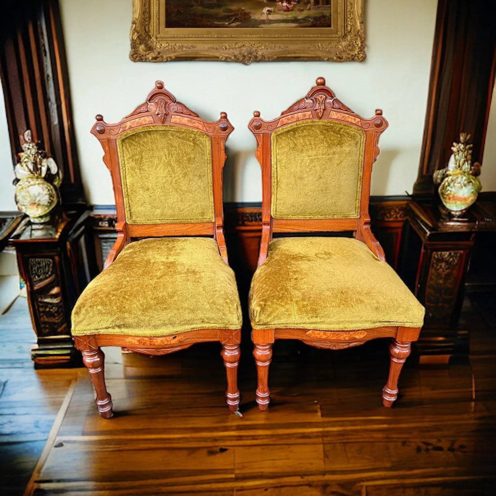 Early 20th Century Antique Hand-Carved Eastlake Victorian Style Avocado Green Velvet Chairs, Set of - 10