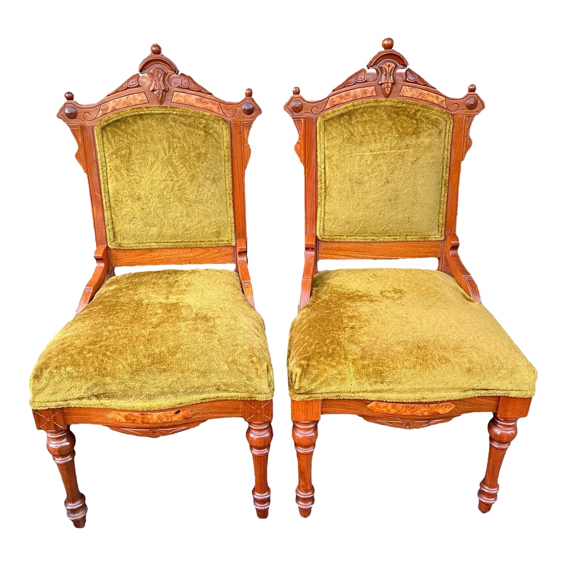 Early 20th Century Antique Hand-Carved Eastlake Victorian Style Avocado Green Velvet Chairs, Set of (1 of 10)