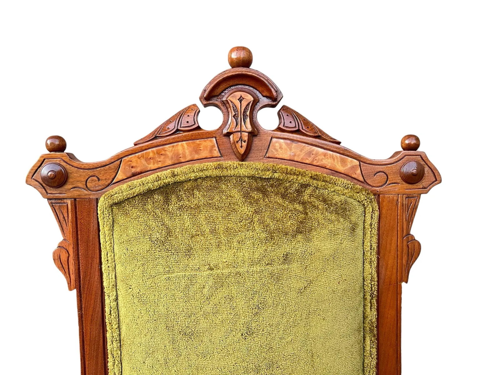 Early 20th Century Antique Hand-Carved Eastlake Victorian Style Avocado Green Velvet Chairs, Set of - 2