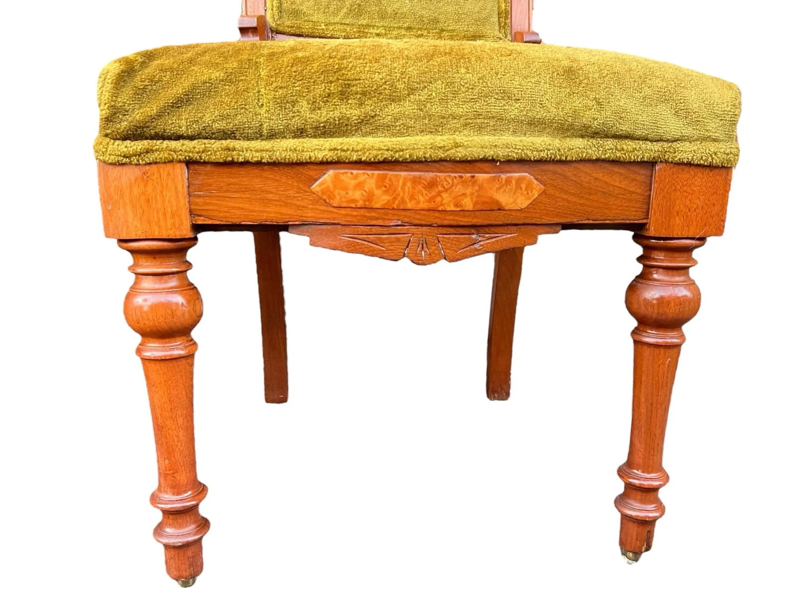 Early 20th Century Antique Hand-Carved Eastlake Victorian Style Avocado Green Velvet Chairs, Set of - 3