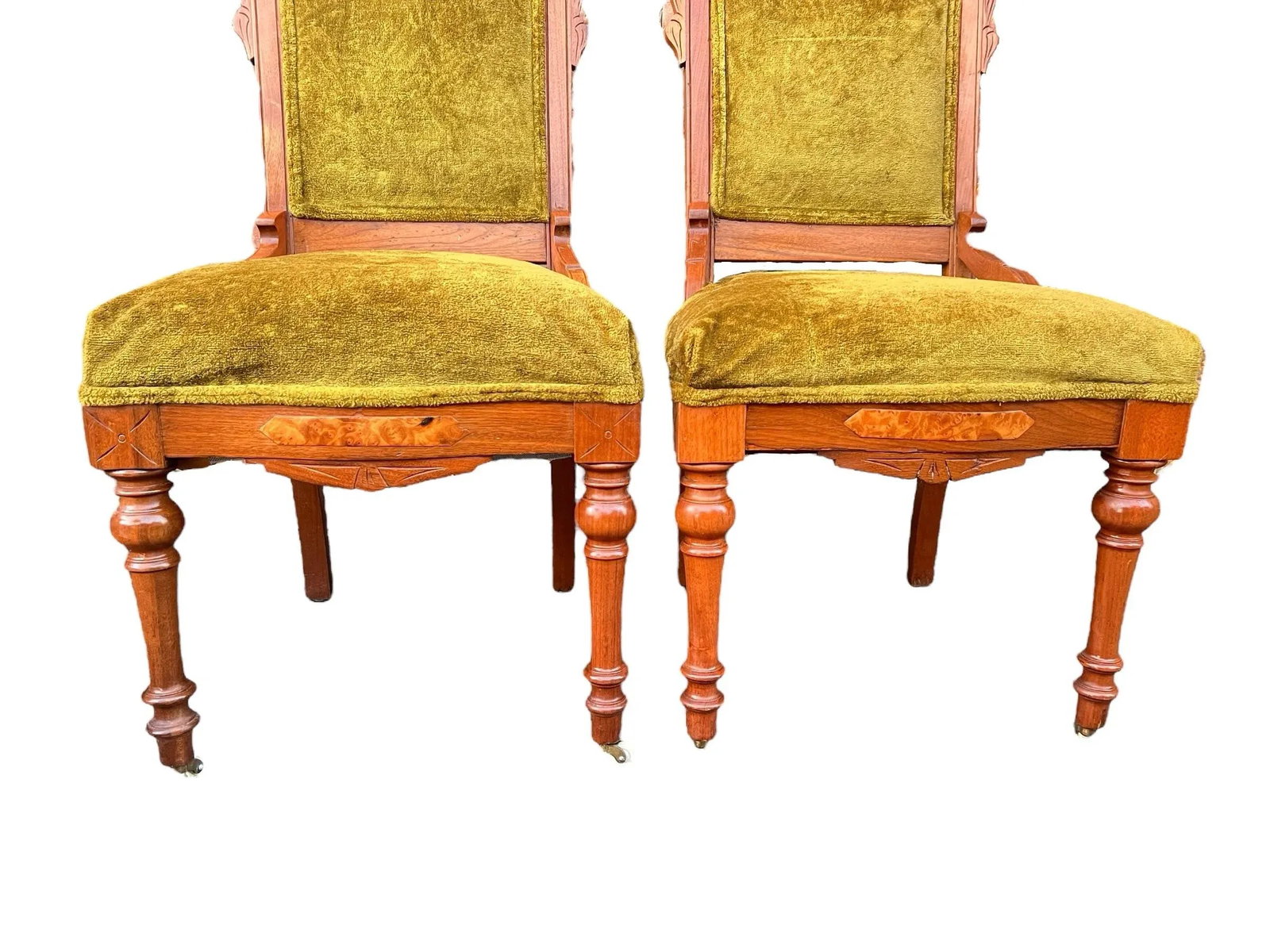 Early 20th Century Antique Hand-Carved Eastlake Victorian Style Avocado Green Velvet Chairs, Set of - 4