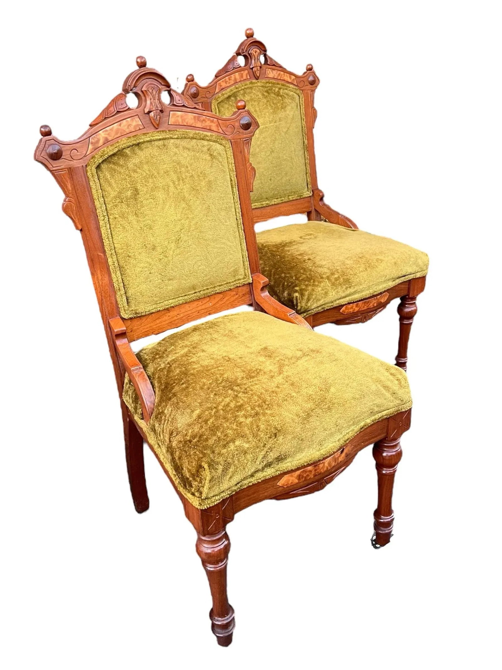 Early 20th Century Antique Hand-Carved Eastlake Victorian Style Avocado Green Velvet Chairs, Set of - 5