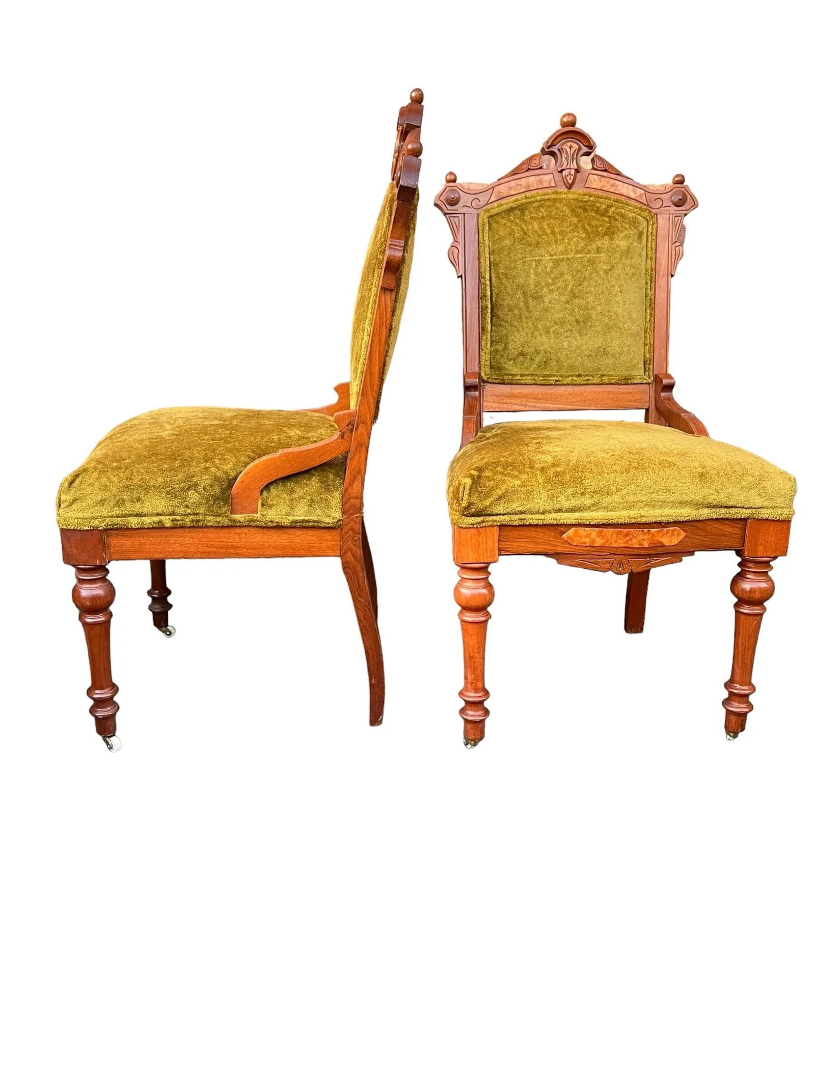 Early 20th Century Antique Hand-Carved Eastlake Victorian Style Avocado Green Velvet Chairs, Set of - 6