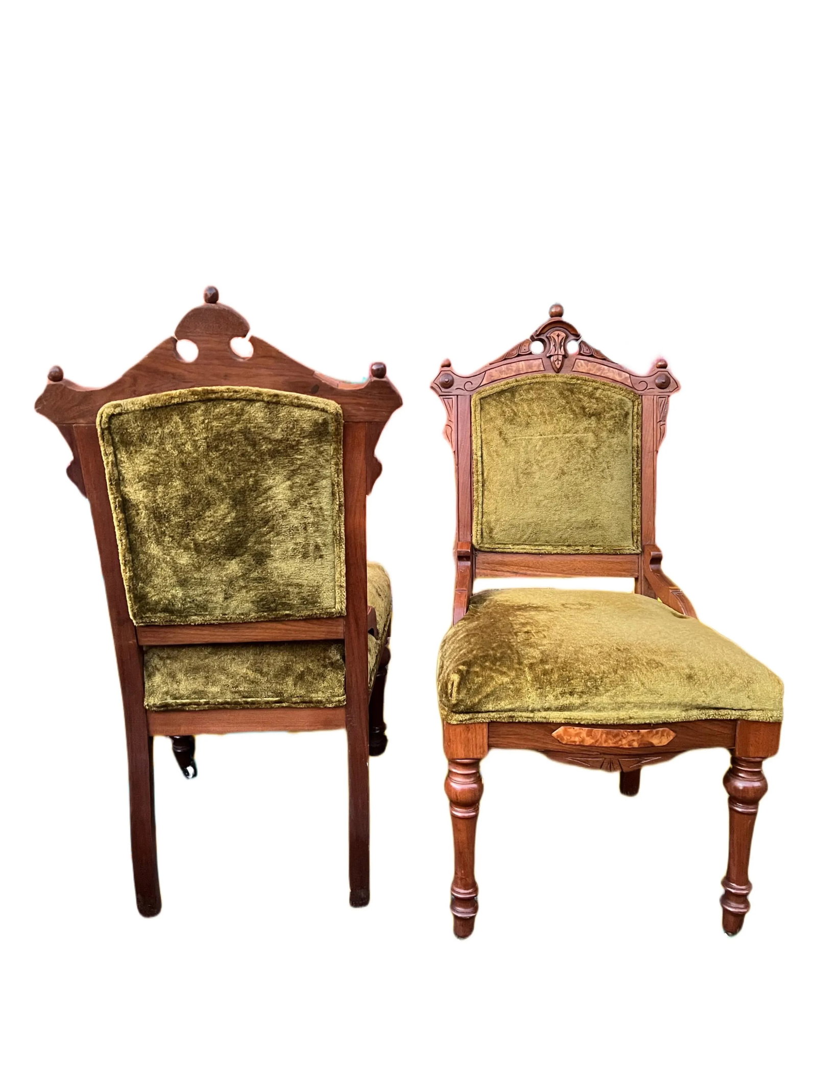 Early 20th Century Antique Hand-Carved Eastlake Victorian Style Avocado Green Velvet Chairs, Set of - 7