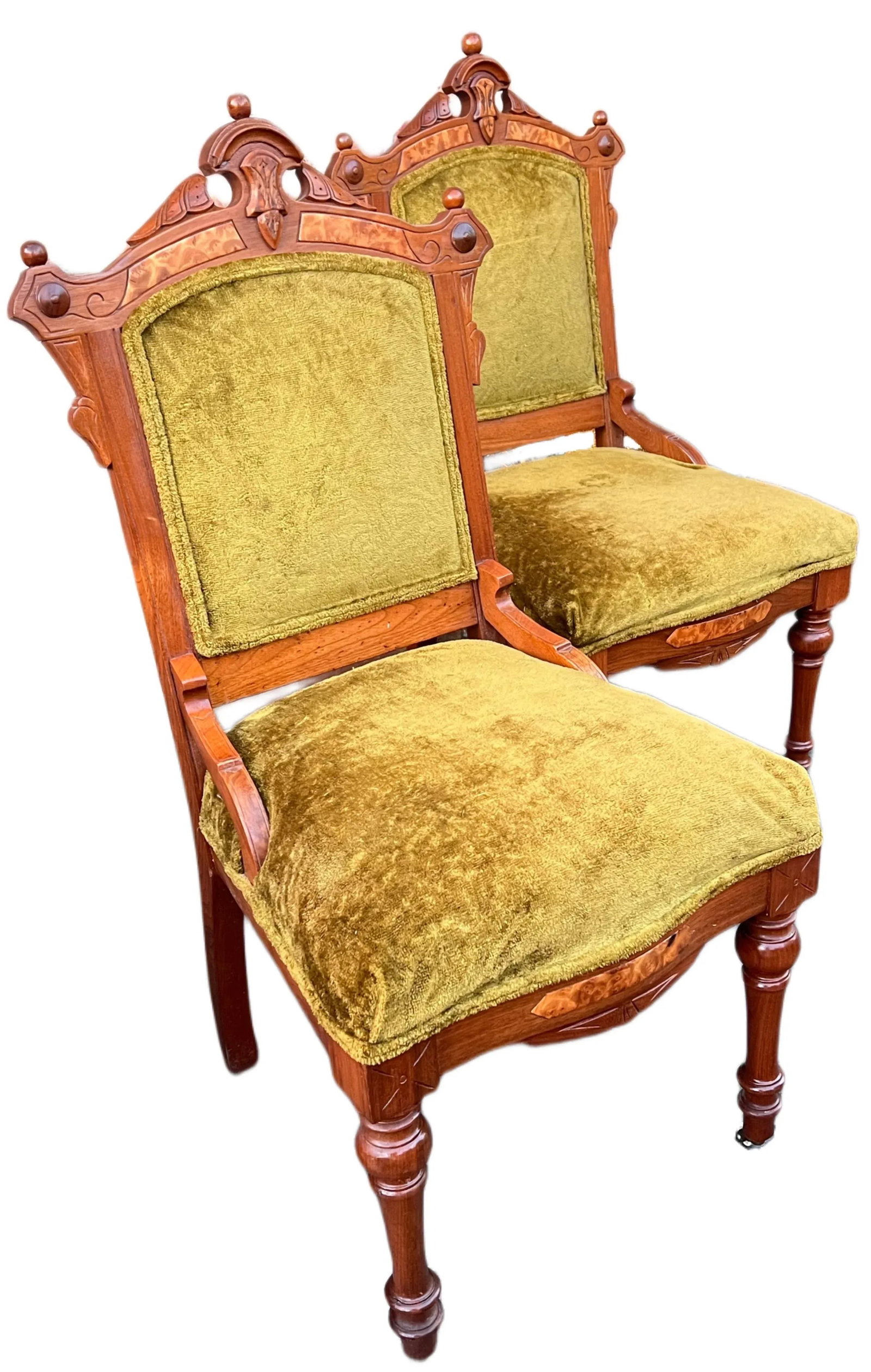Early 20th Century Antique Hand-Carved Eastlake Victorian Style Avocado Green Velvet Chairs, Set of - 8