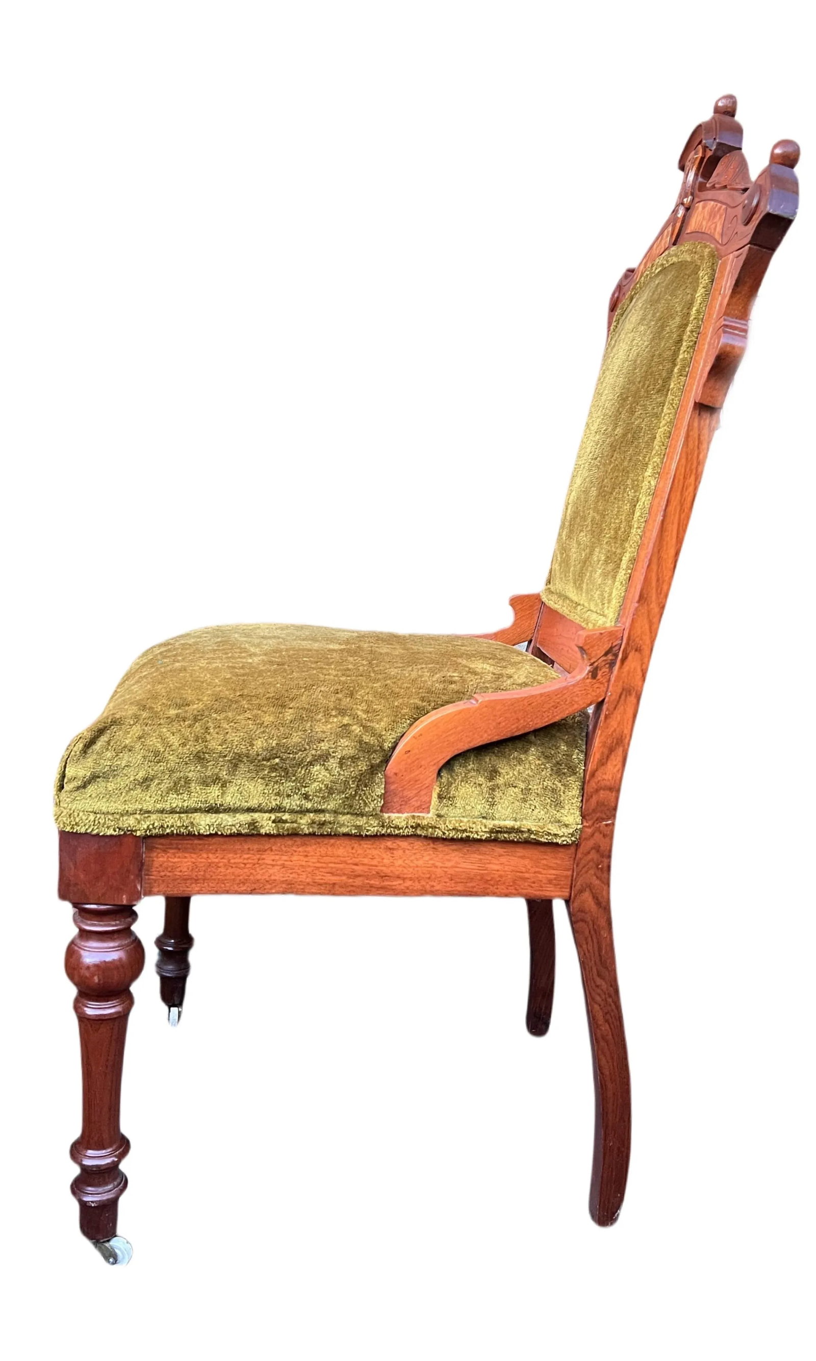 Early 20th Century Antique Hand-Carved Eastlake Victorian Style Avocado Green Velvet Chairs, Set of - 9
