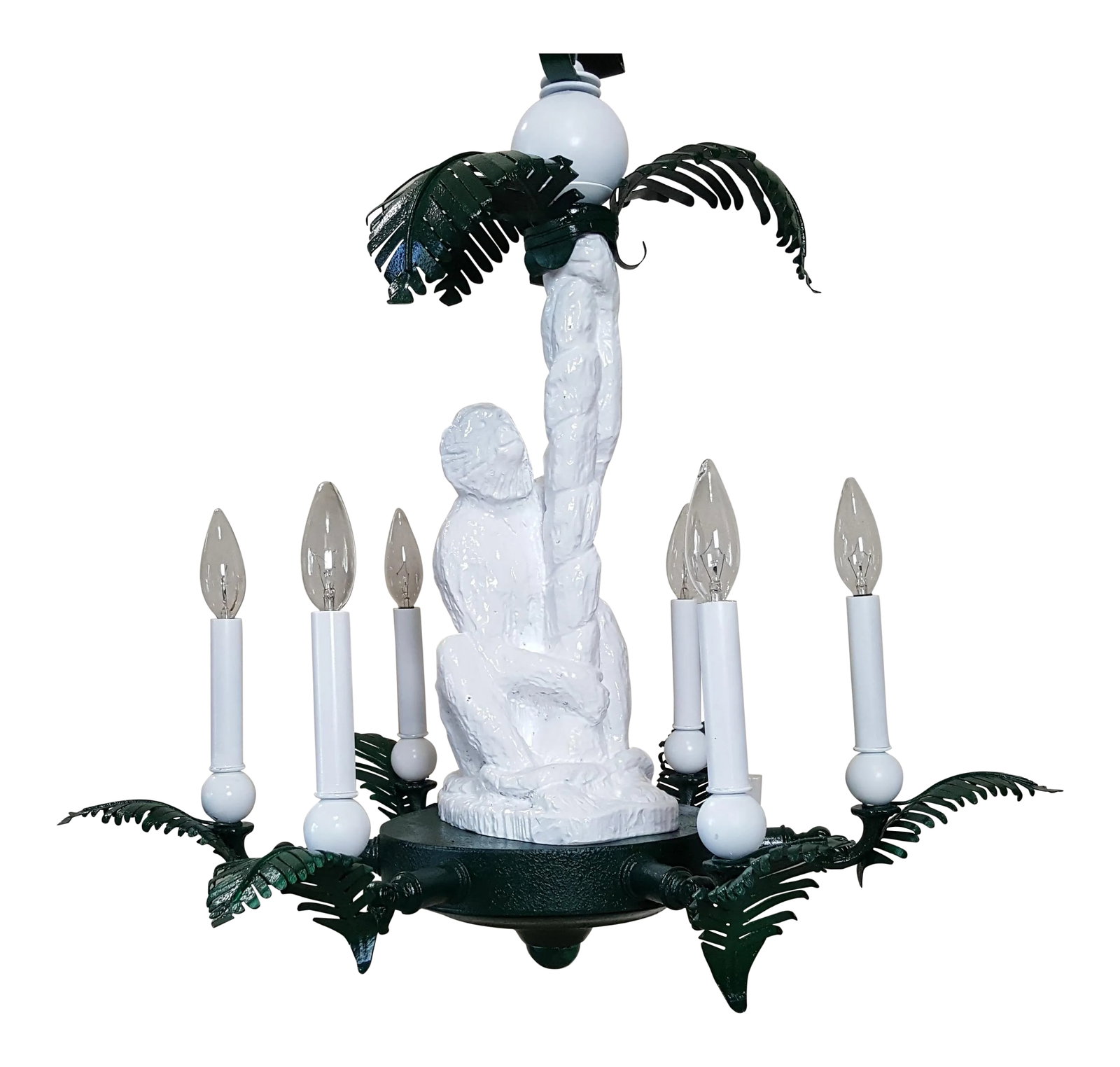 Monkey and Brass Palm Frond Leaf Tree Six-Light Chandelier: This is a very nice 6 lights vintage chandelier. Perfect for a tropical look in a relaxing space. Condition: Alterations: Original Design Modified Imperfections: Some Imperfections Condition Notes: