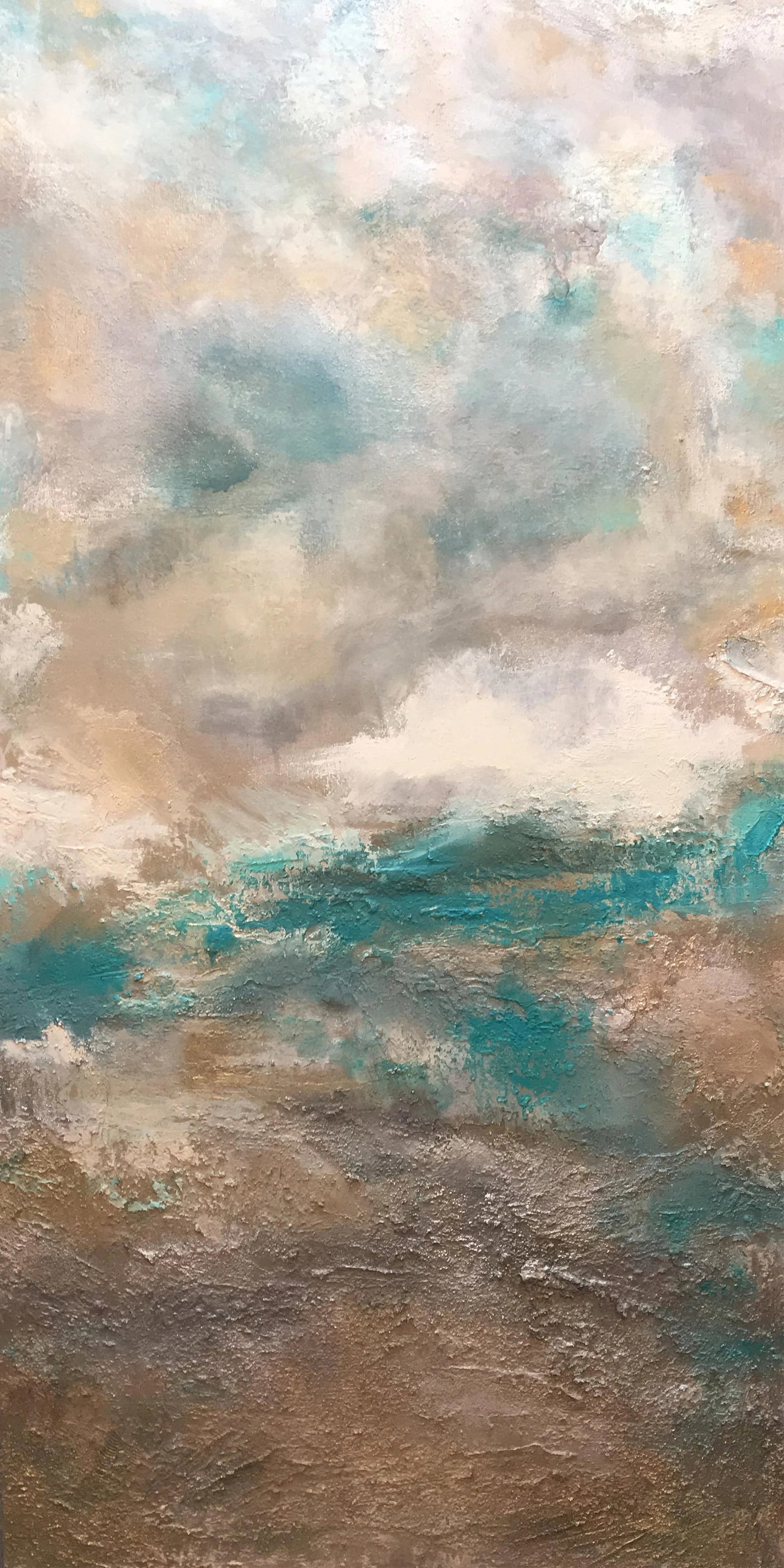 "Dream" Original Abstract Seascape Coastal Aqua Painting ~ Large Teal Green Art With Beach Sand: 60"H x 30"W x 1.5"D - Painting Title - "Dream." Poetic Art Statement: Tranquil Dream of Paradise.. I am an ecofriendly oil artist and use the highest quality professional grade water-based oils with