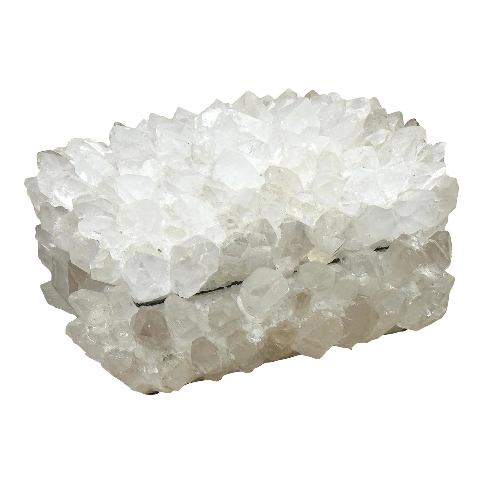 Vintage Clear Quartz Box by McCoy Design: Large heavy decorative box by McCoy Design. Chunky clear quartz covers the entire top and bottom and sides. Lined with gray leather. Leather on the bottom as well. Signed Condition: Alterations: Origi