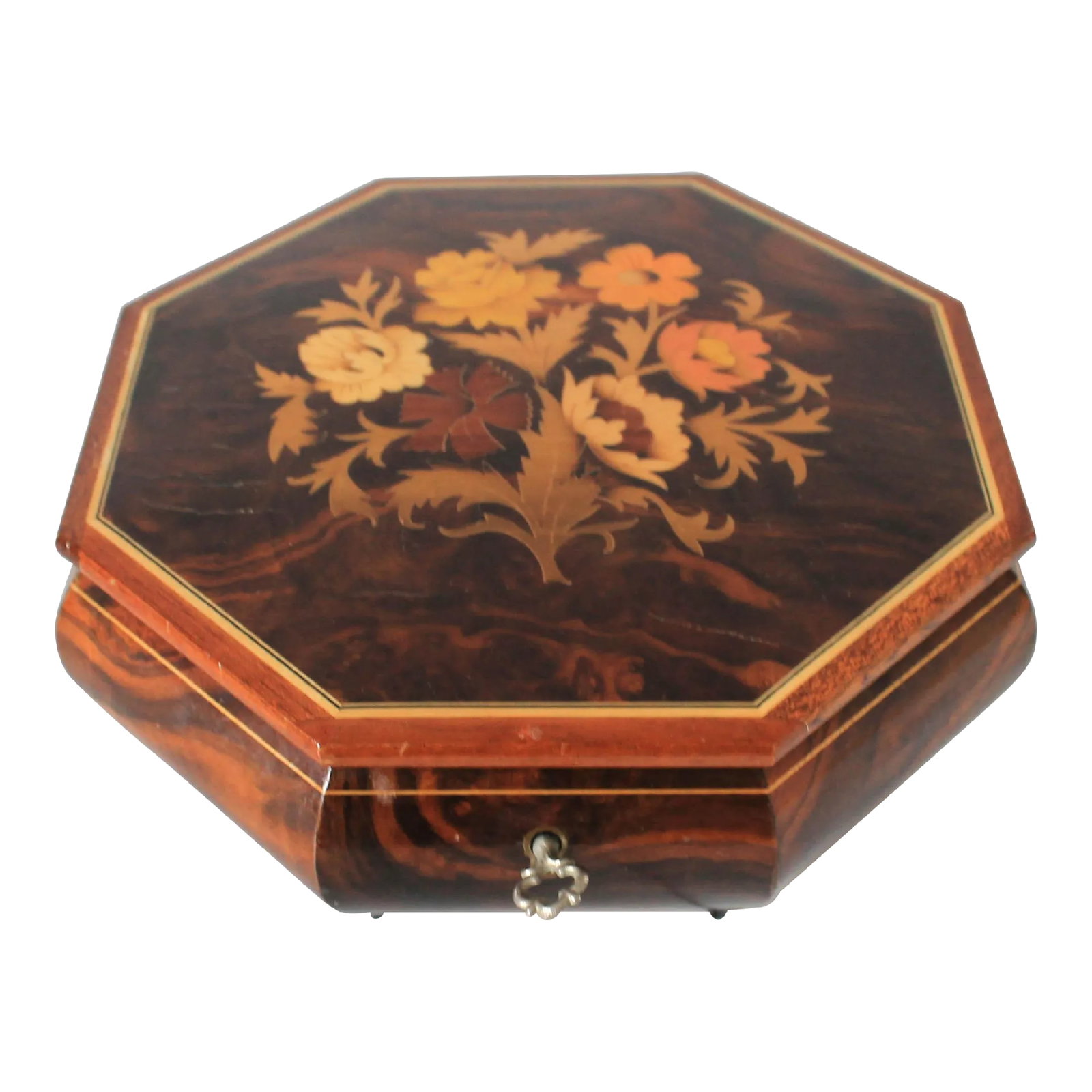 Vintage Italian Jewelry Music Box: Vintage octagonal rich burlwood jewelry music box with inlaid floral motif and red velvet interior lining. Plays the song "The Entertainer". Includes lock and key. Made in Italy. Some age wear to wood
